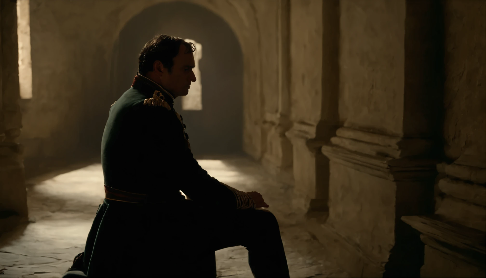 In a stark and solitary cell, Napoleon Bonaparte sits dejectedly. The image, perhaps a haunting and meticulously crafted painting, portrays his weariness and resignation. His form is slumped, his face weathered, and his once-mighty uniform is faded and threadbare. The artist has skillfully captured the essence of his isolation, showing the dim light filtering through the narrow window and the cold stone walls that confine him. Every fine brushstroke and delicate shadow work together to evoke the melancholic atmosphere of this historic moment in vivid detail.