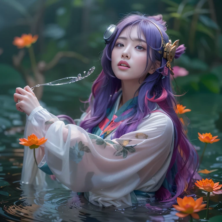 Chapter 3860 The Year of Cyberpunk(masterpiece,HD,超HD,32k lotus root starch)Gradient purple flowing long hair,autumn pond, lotus root starch color, Asian (Michiko), (silk scarf), fighting stance, looking at the ground, orange gradient scarf, ((厚框反光翡翠Windproof goggles))Floating bright purple, Fire cloud gold headdress, Chinese long-sleeved gold silk garment, (Abstract ink splash:1.2),mars background,Windproof goggles,lotus(realistically:1.4),Gradient purple hair,Smoke on the road,background very ivory、pure, high resolution, 细节Windproof goggles, RAW photos lotus root starch, Sharp Re, Nikon D850 film photo by Jefferies Lee 4 Kodak Portra 400 camera F1.6 guns, colorful, Super real、Vivid textures, dramatic lighting, Unreal Engine Art Station Trend, Silicon Nest 800,Bright purple flowing hair,Windproof goggles