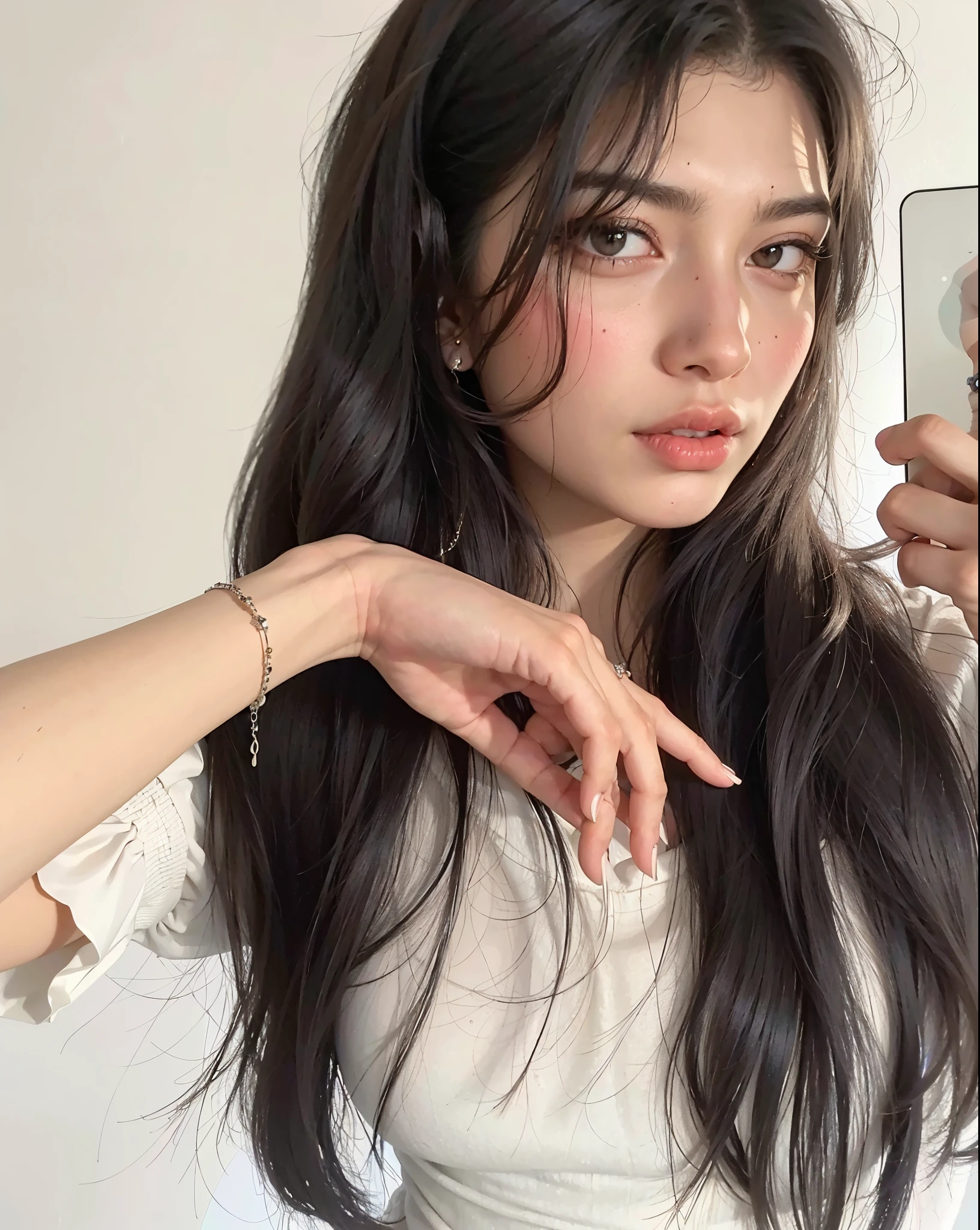 There a woman with long black hair and a necklace in, cabelos pretos e olhos grandes, lindo rosto latino, 18 anos, pale-skinned persian girl, thick lips, Violeta Myers, Parece Fabiula Nascimento, imagem de perfil, lorde, female with long black hair, 1 6 anos, cabelo preto ondulado, pele de azeitona