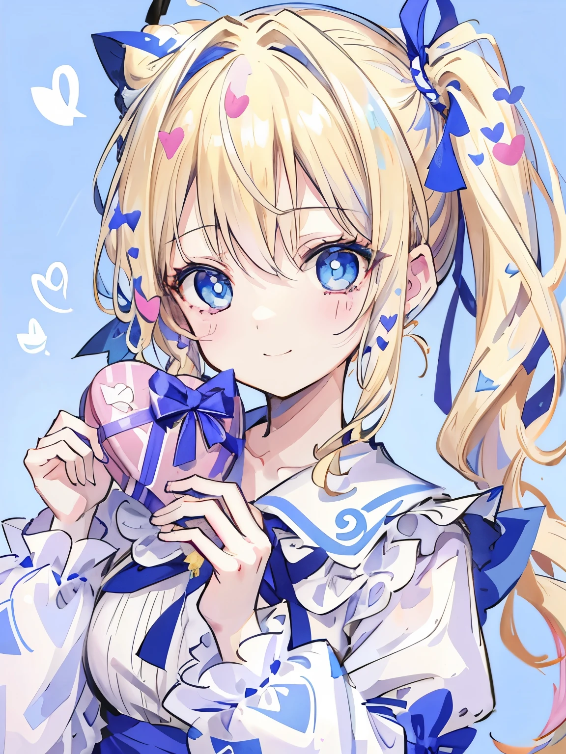 girl、((blonde:1.3))、((Hair tied around the temporal lobe:1.2))、(((side ponytail:1.2)))、((The end of the ponytail is fluffy))、((BREAK))、((blue eyes:1.2))、(beautiful eyes)、((big blue ribbon in hair knot:1.35))、(Voluminous long-sleeved dress with lace)、(A shy yet triumphant look)、((BREAK))、(((Valentine)))、((holding a large wrapped chocolate in his hand:1.15))、chocolate present、((BREAK))、((Heart line pattern background:1.35))、close up of face、smile