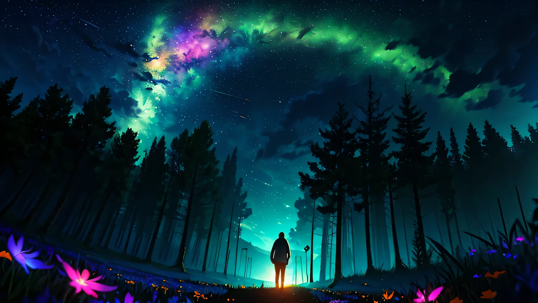Photographs of vast landscapes, (seen from below, the sky and the forest below), standing in a flower field and looking up, (full moon: 1.2), (meteor: 0.9), (nebula: 1.3), distant mountain々, Tree BREAK making art, (warm light source: 1.2), (fire Fly: 1.2), light, Cyan and orange, intricate details, volume lighting, Realism Rest (masterpiece: 1.2) (highest quality), 4K, Ultra-delicate, (moving composition: 1.4), High detail and colorful details, (rainbow colors: 1.2), (Glow lighting, atmosphere lighting), dream-like, Magic, (alone: 1.2)