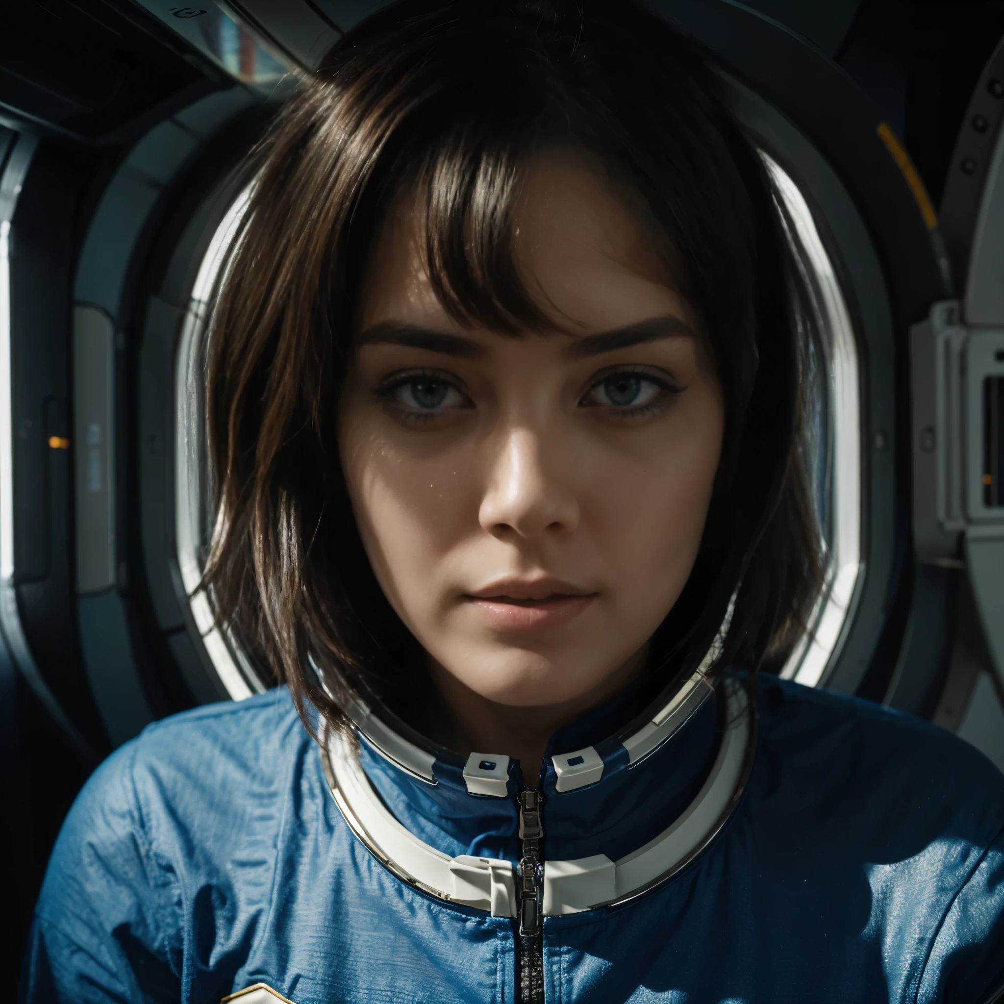Professional photography, best quality, realistic, extremely detailed, hasseblad, natural lighting, polaroid photograph, medium shot woman wearing a black spacesuit in a spaceship on a space walk, floating in outer space background, 24 years old, artistic woman, metallic suit, traditional military designs, abstract modern designs, futuristic artistic bodysuit, retro futurist art, decorations space machine, muted colors, watercolor painting, Analog aesthetic, electric blue, cinematic film grain, neon lighting dark, hard shadows, detailed facial features, roughness, film grain, soft light, glow light, max detail, roughness, photorealism