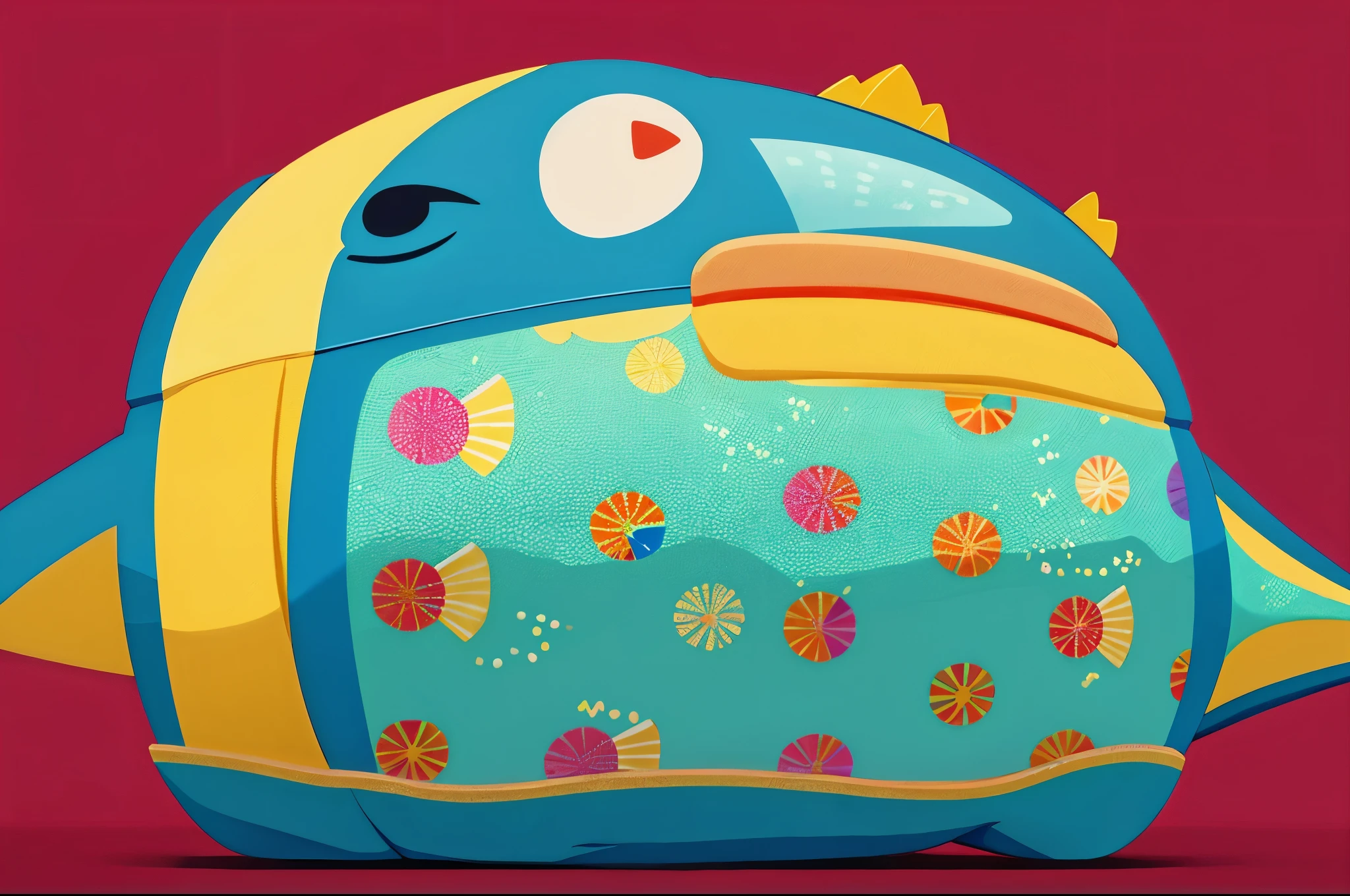 Simple fish pattern patterned background:2.0, cute mascot penguin in the middle, simple, pastel colors