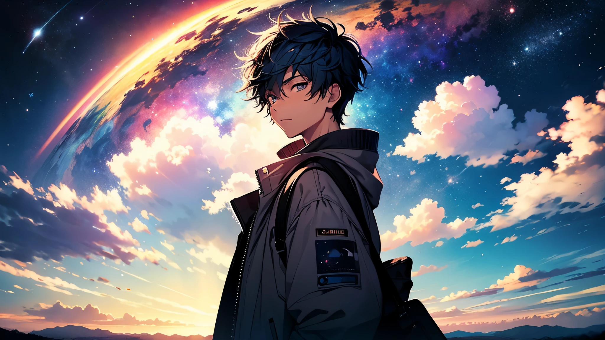 Boy, cloud, colorful, masterpiece, cosmic background