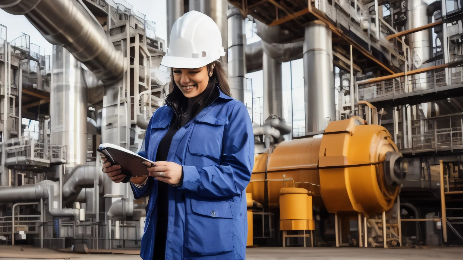 hyper ultra realistic photographs full body of Portrait of happy female engineer at oil refinery, woman engineer inspecting in industrial oil refinery wearing construction helmet and orange vestt ratio 16:9, 4k, 8k resolution, High quality photo, high detailed, imagesharp focus, Cinematic lighting,hyperdetailed & Unreal engine, detail, realism, photography,cinematography, camera NIKON, lens NIKKOR flagship, masterpiece. hyper-maximalism, ultradetailed photorealistic, light skin imperfections, final render, vray, photo, fashion