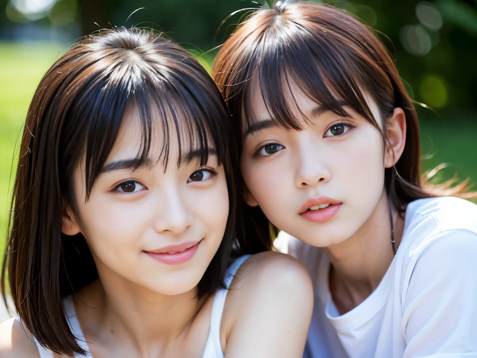 Best-quality, Masterpiece, Ultra-High-Resolution, (Photorealistic:1.4), Raw-Photo, 1girl and 1woman, 1girl is the most famous Japanese idol and 15-years-old, 1woman is the most famous Japanese actress and 30-years-old, ((both having lesbian-sex):1.5)