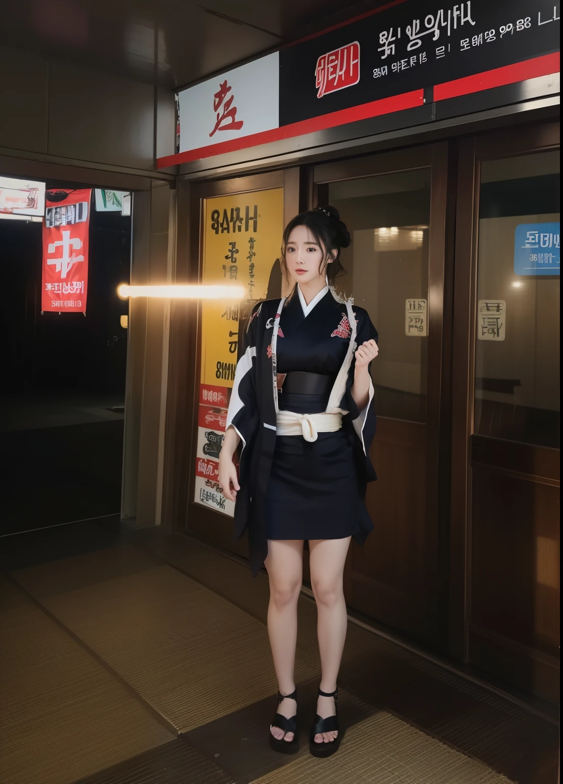 ((Best Quality, 8K, Masterpiece: 1.3)), Sharp Focus: 1.2, (Super Beautiful Face: 1.0), (Glossy Skin: 1.0), Realistic Photos, Black Hair, Realistic Pupils, Movie Lighting, Highly Detailed Eyes and Faces, Movie Lighting, (Cowboy Shot: 1.0), (Kimono, Hakama, Obi: 1.3), In Nature, (Korean Cute Actress)