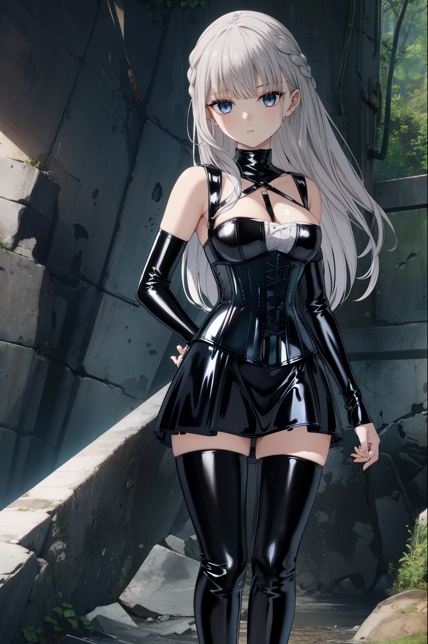 1 girl,bangs,alone,Sheet blades,silver hair,very long hair,Straight long hair,braid the hair above the ears、blue eyes,clavicle,put your hands on your hips,
Black Gladiator Sandals,outdoor,nature,, exquisite visuals, High resolution,masterpiece,highest quality,exquisite visuals,High resolution,masterpiece,highest quality,18-year-old,young woman,beautiful fingers,beautiful long legs,beautiful body,beautiful character design,BDSM、(((black latex corset dress:1.4)))、(((The corset is decorated with beautiful embroidery.)))、(((corset dress with shoulder straps)))、(((black latex tight miniskirt:1.4)))、first round、(((Black Thigh Boots)))、high heel boots、(((Black latex bra)))、(((Black latex panties)))、first round、Black Thigh Boots、high heel boots、1 girl、Expressionless
