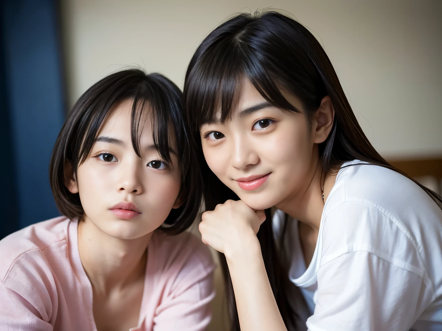 Best-quality, Masterpiece, Ultra-High-Resolution, (Photorealistic:1.4), Raw-Photo, 1girl and 1woman, 1girl is the most famous Japanese idol and 15-years-old, 1woman is the most famous Japanese actress and 30-years-old, ((both having lesbian-sex):1.5)
