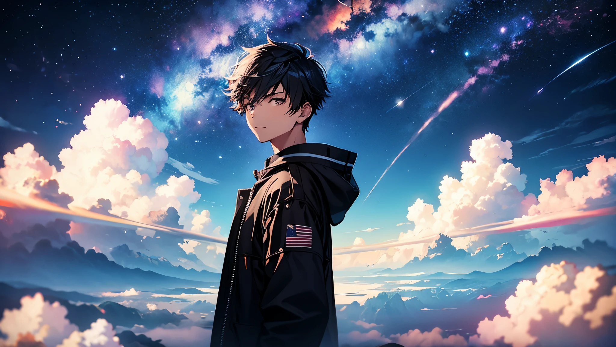Boy, cloud, colorful, masterpiece, cosmic background