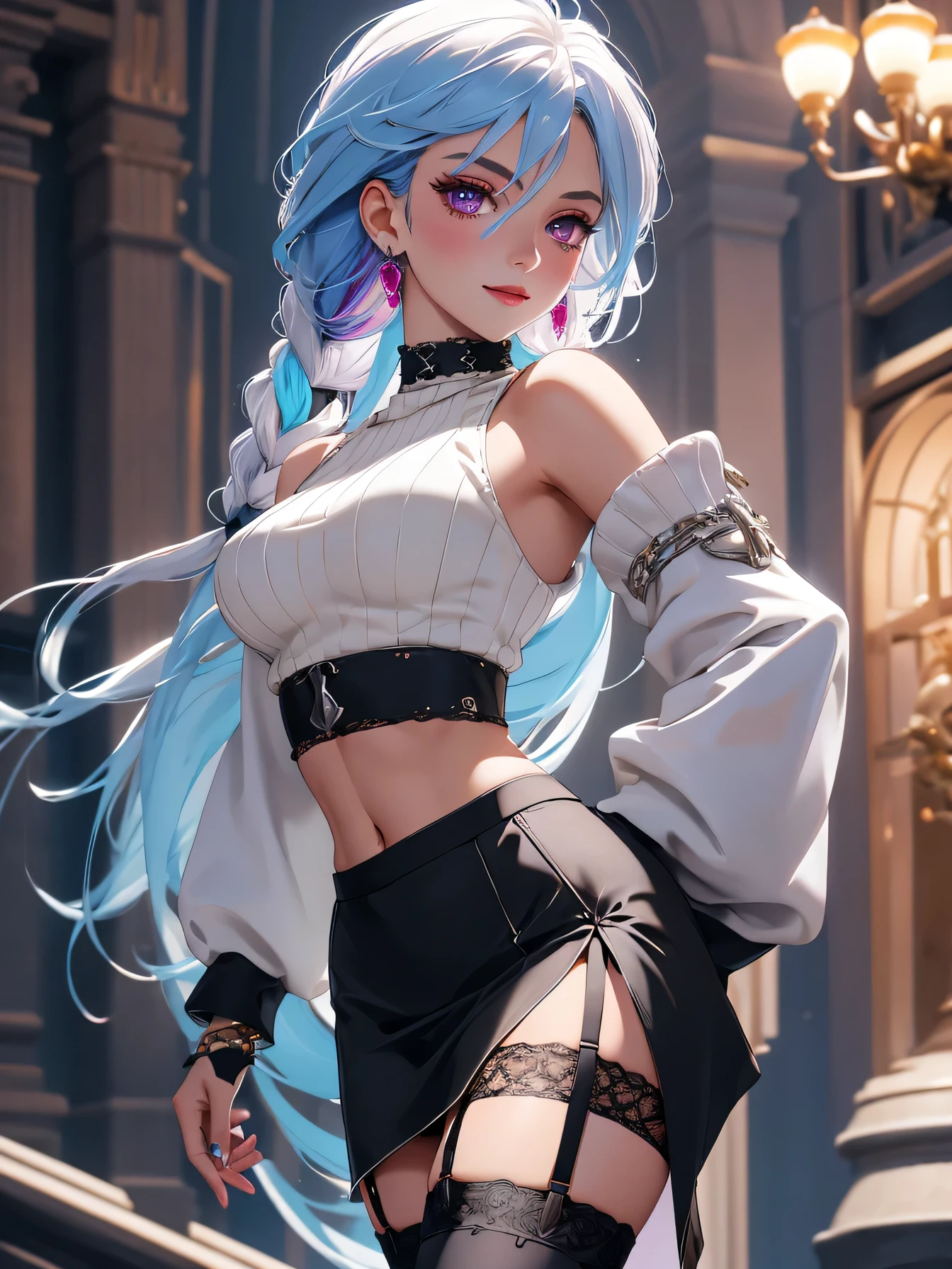 Master piece,best quality,ultra-detailed,high resolution,octane render,intricate details,absurdres,ultra hires,bishojyo,beautiful face,seductive young girl,full body,(perfect body),cool,Her face is extremely detailed and expressive.the girl exudes confidence and elegance,vibrant colors, girl, masterpiece, sharp focus, best quality, depth of field, cinematic lighting, multicolored two tone hair, blue hair, white hair, bright magenta eyes, white thighhighs with black lace, cropped top turtle neck sweater, black heels, smile, lava, twin braid, long flowing skirt, blush, long sleeve croptop, medium breasts, midriff, slim, navel, (garter belt,Stockings),silver thighlet,expensive,allure pose,black Choker with chains,bracelet with chains,silver earrings,blush stickers