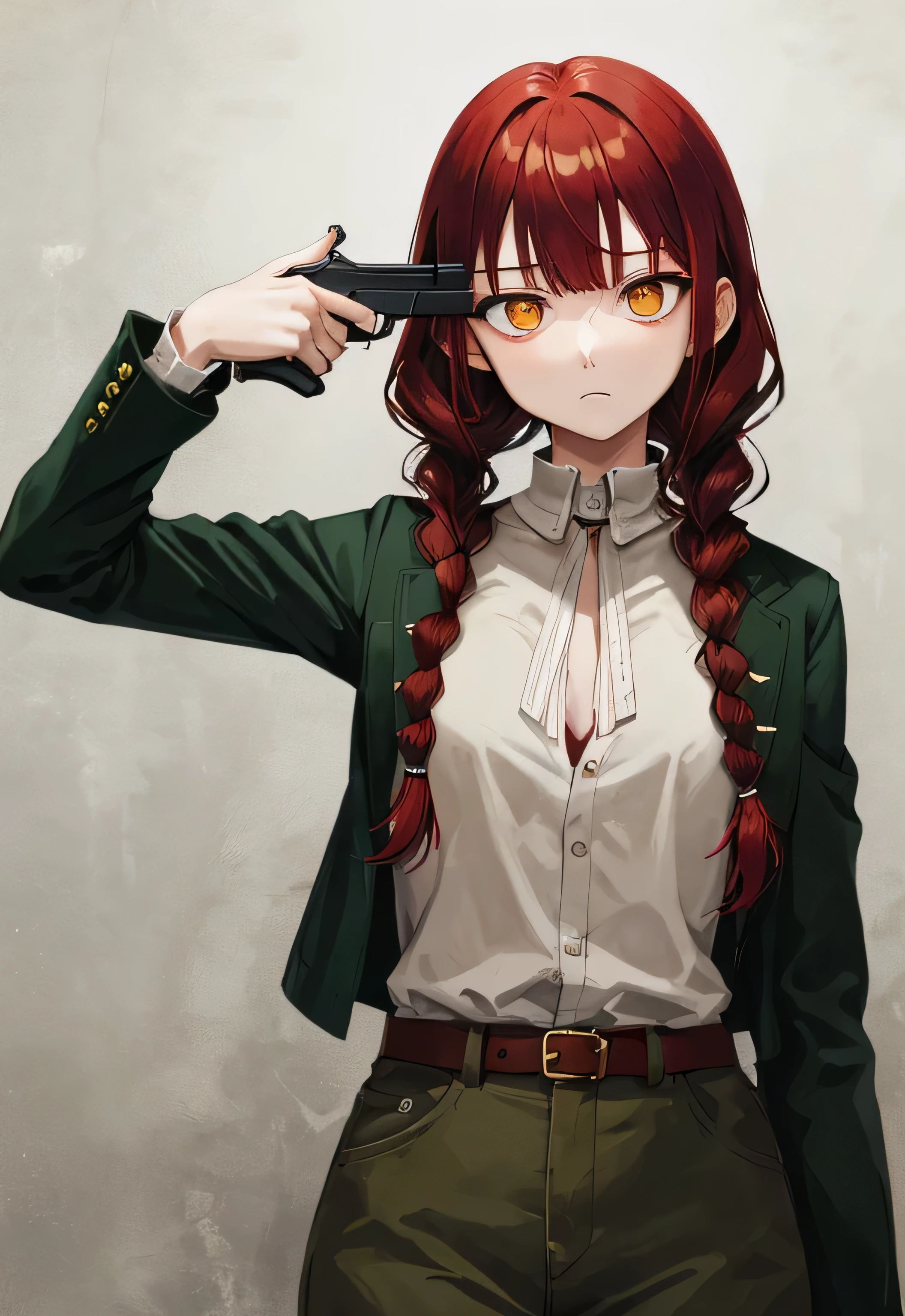 masterpiece, highest quality, G2H, gun to head, hand gun, hold a gun, cowboy shot, 1 girl, cold eyes, far, gaping face, Expressionless, empty eyes, Expressionless, indifference, gold eyes, Braids and red-dyed bangs, dark green hair