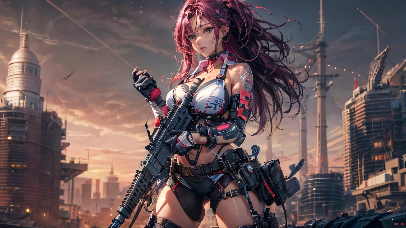 4K, ((매우 feeble)), realistic, high resolution, 1 woman, alone, thick thighs, big bust, super super big, ((very detailed face)),dark pink hair, long hair, bikini combat uniform, stockings, future battlefield background, ((Ultra-high precision))Girl holding cyber rifle using scope, 25 years old, Standing with legs excessively spread and looking forward, in front of her,((feeble)) T-panty line,