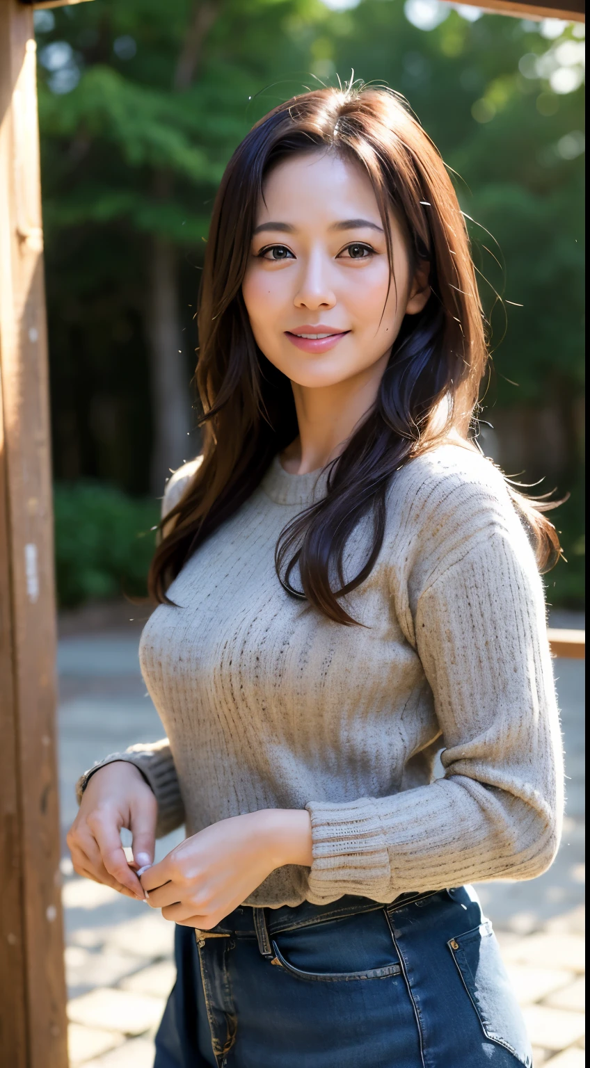one woman,sweater with open chest,large breasts,butt,thin,beautiful face,double eyelid,no makeup,smiling,embarrassed,semi-long hair,black hair,black eyes,from below,mountain,forest,mysterious,high quality,photorealistic,japanese,beautiful woman,gravure,adult woman,fashionable,冬、雪、白い息、