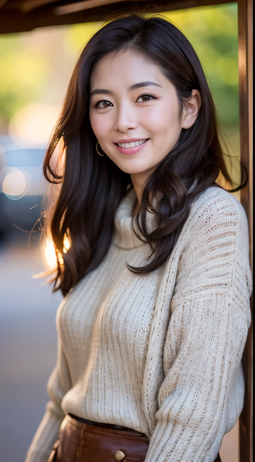 (Best quality, Masterpiece, UHD:1.4),Photo of Pretty Japanese woman,Cinematic bokeh photo,looking at viewer,(cowboy shot:1.2),(common man:1.4),
1 girl,(40 years old:1.3),(mature woman:1.2),beautiful woman,wrinkles on the skin,round face,amateur woman,smile,
long hair,brown hair,
sweaters, skirts,
outdoor