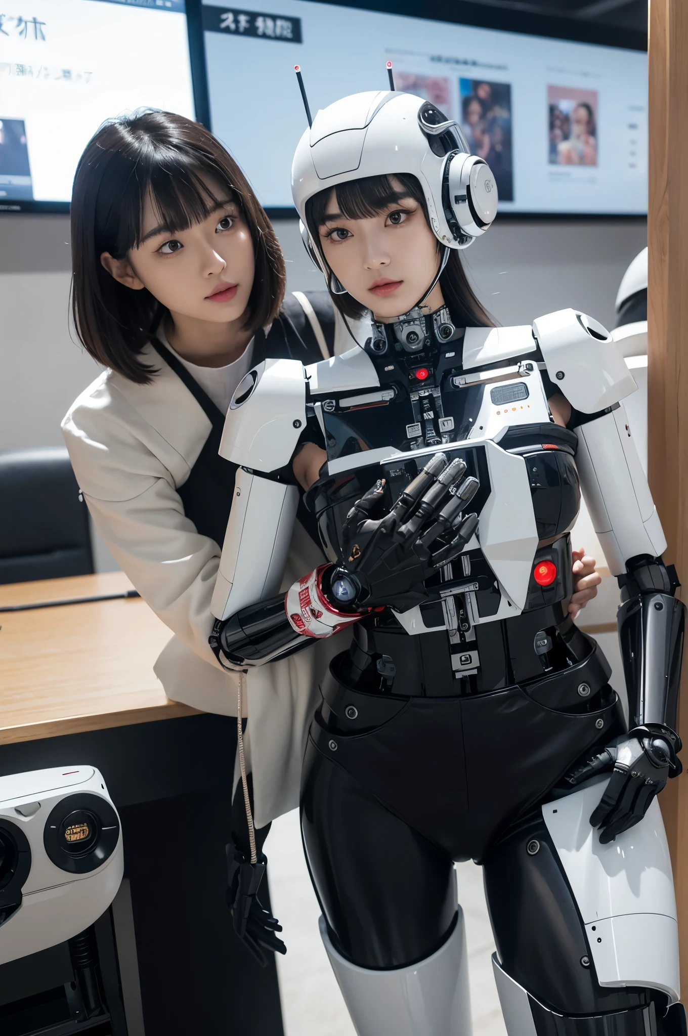 masterpiece, best quality, extremely detailed, Japaese android girl,Plump , control panels,android,Droid,Mechanical Hand, Robot arms and legs, Black hair,Blunt bangs,perfect robot girl,long tube,thick cable connected her neck,android,robot,humanoid,cyborg,japanese cyborg girl ,robot-assembly plant,She is assembled now,assembly scene,chest monitor camera eyes