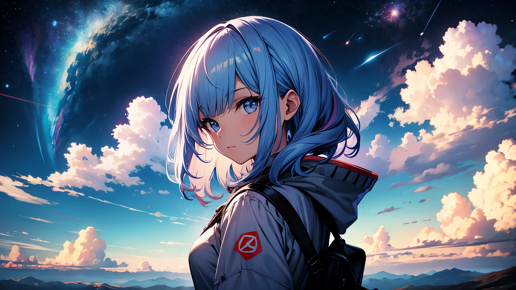 girl, cloud, colorful, masterpiece, cosmic background