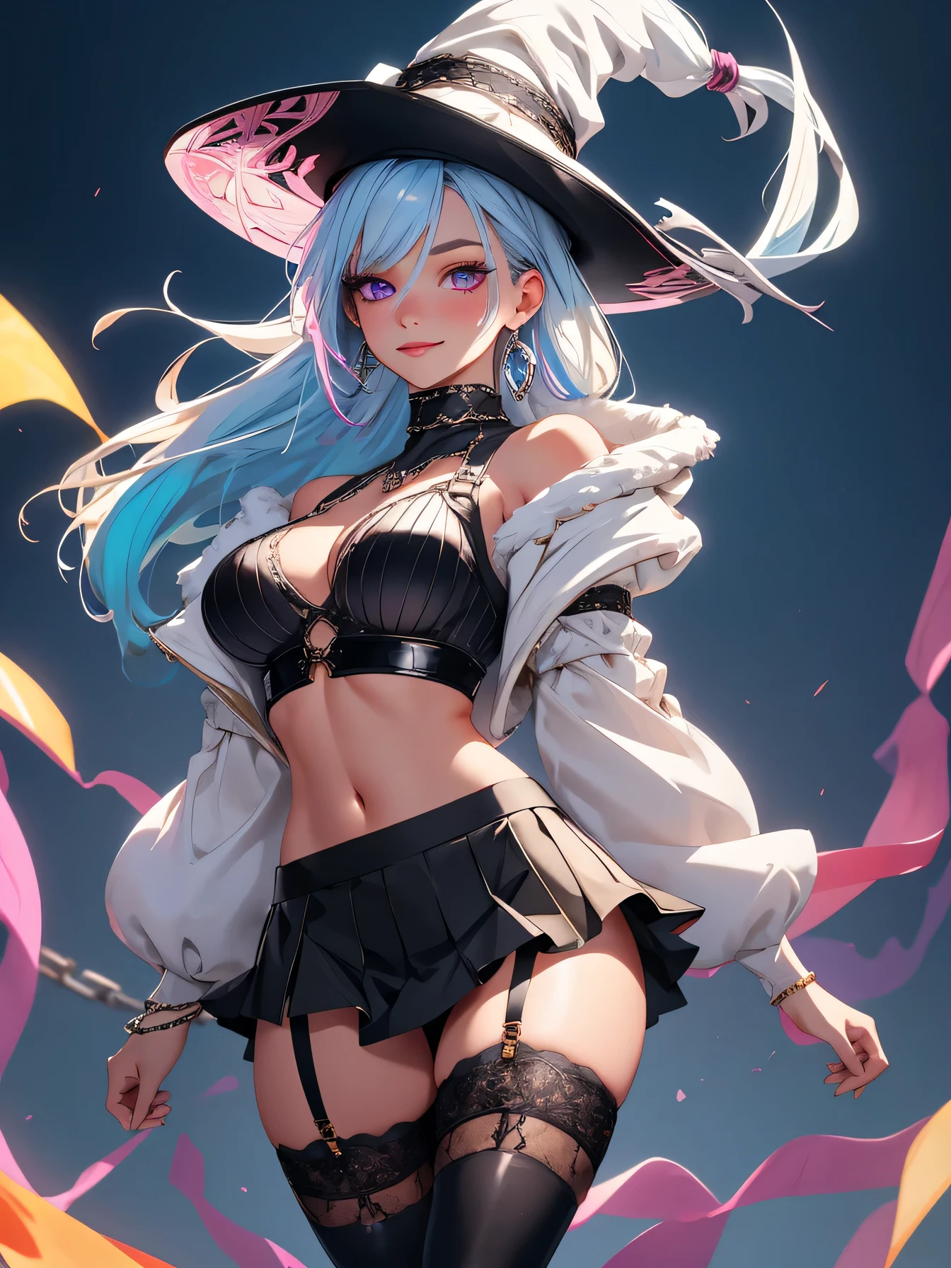 Master piece,best quality,ultra-detailed,high resolution,octane render,intricate details,absurdres,ultra hires,bishojyo,beautiful face,seductive young girl,full body,(perfect body),cool,Her face is extremely detailed and expressive.the girl exudes confidence and elegance,vibrant colors,wizard girl, masterpiece, sharp focus, best quality, depth of field, cinematic lighting, multicolored two tone hair, blue hair, white hair, bright magenta eyes, white thighhighs with black lace, cropped top turtle neck sweater, black heels, smile, lava, twin braid, long flowing skirt, blush, long sleeve croptop, medium breasts, midriff, slim, navel, (garter belt,Stockings),silver thighlet,expensive,allure pose,black Choker with chains,bracelet with chains,silver earrings,blush stickers,(Wizard's hat)
