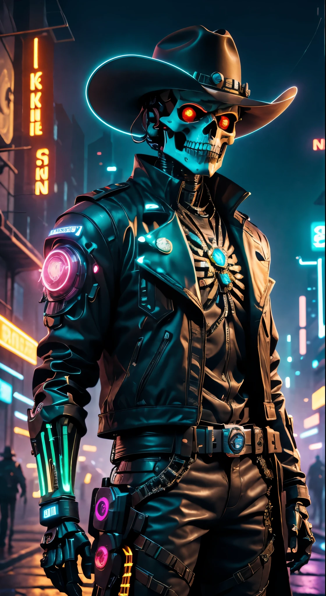 cyber punk perssonage,Skeleton Robot Cowboy Sheriff,Mysterious dark background,neonlight,cybernetically enhanced,Weapons of the future,wearing a cowboy hat+neonlight边缘,Bionic arm,metal chin,red luminous eyes,dystopian city,Focus sharp,Steely texture,vivd colour,concept art style.(Best quality at best,4K,8K,A high resolution,tmasterpiece:1.2),ultra - detailed,(actual,photoactual,photo-actual:1.37),