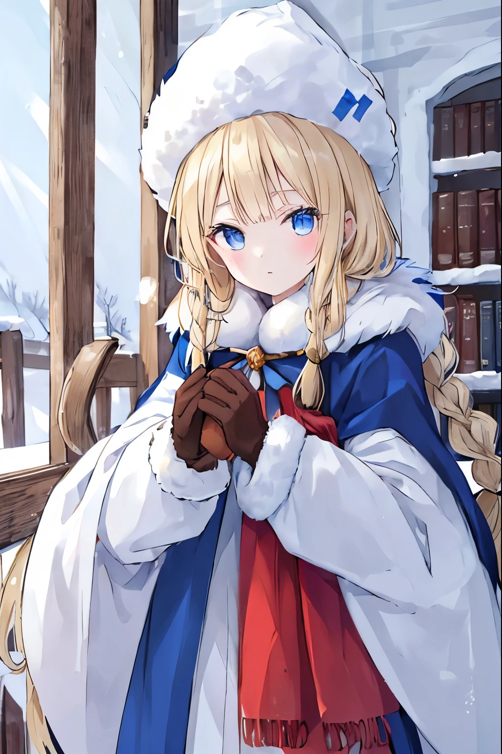 1Young blonde girl with long braids on books、The clothes are Shuba(russian fur cloak)、russian fur hat(No brim)、mittens(Gloves with only the thumb separated)、The colors are based on white and deep blue.、long coat trimmed with fur、snow、winter in russia、