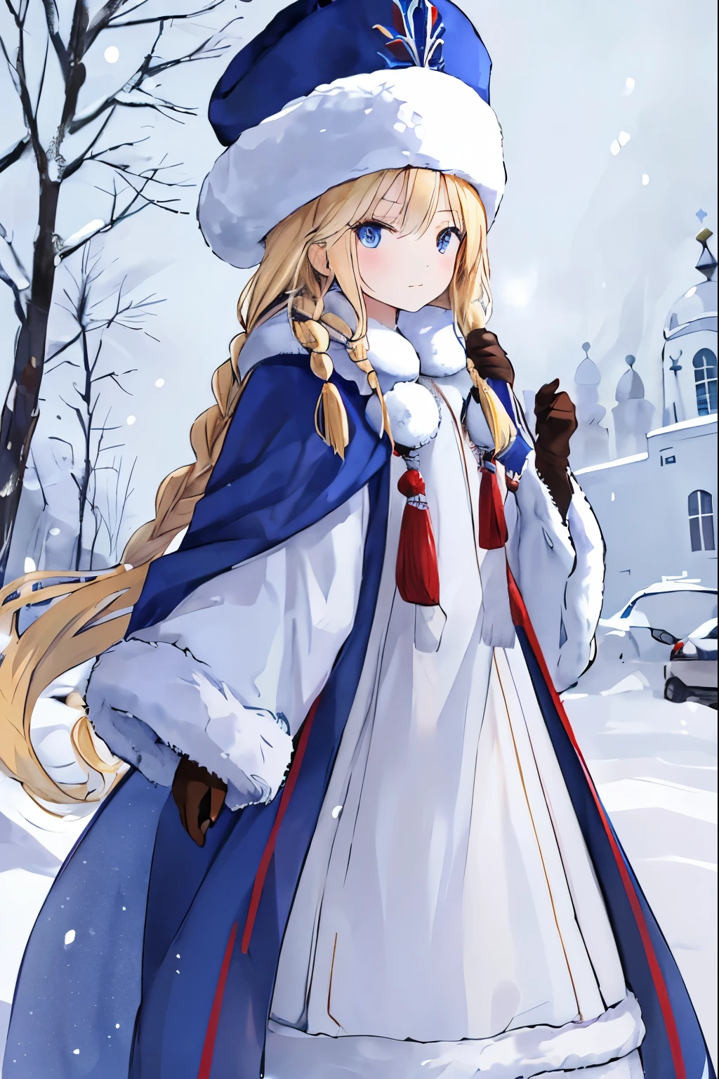 １Young blonde girl with long braids on books、The clothes are Shuba(russian fur cloak)、russian fur hat（No brim）、mittens（Gloves with only the thumb separated）、The colors are based on white and deep blue.、long coat trimmed with fur、snow、winter in russia、