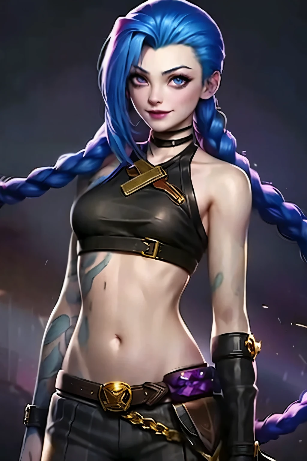 jinx,1girl, belt, blue eyes, blue hair, braid, breasts, jinx \(league of legends\), long hair, navel, single braid, solo, twin braids