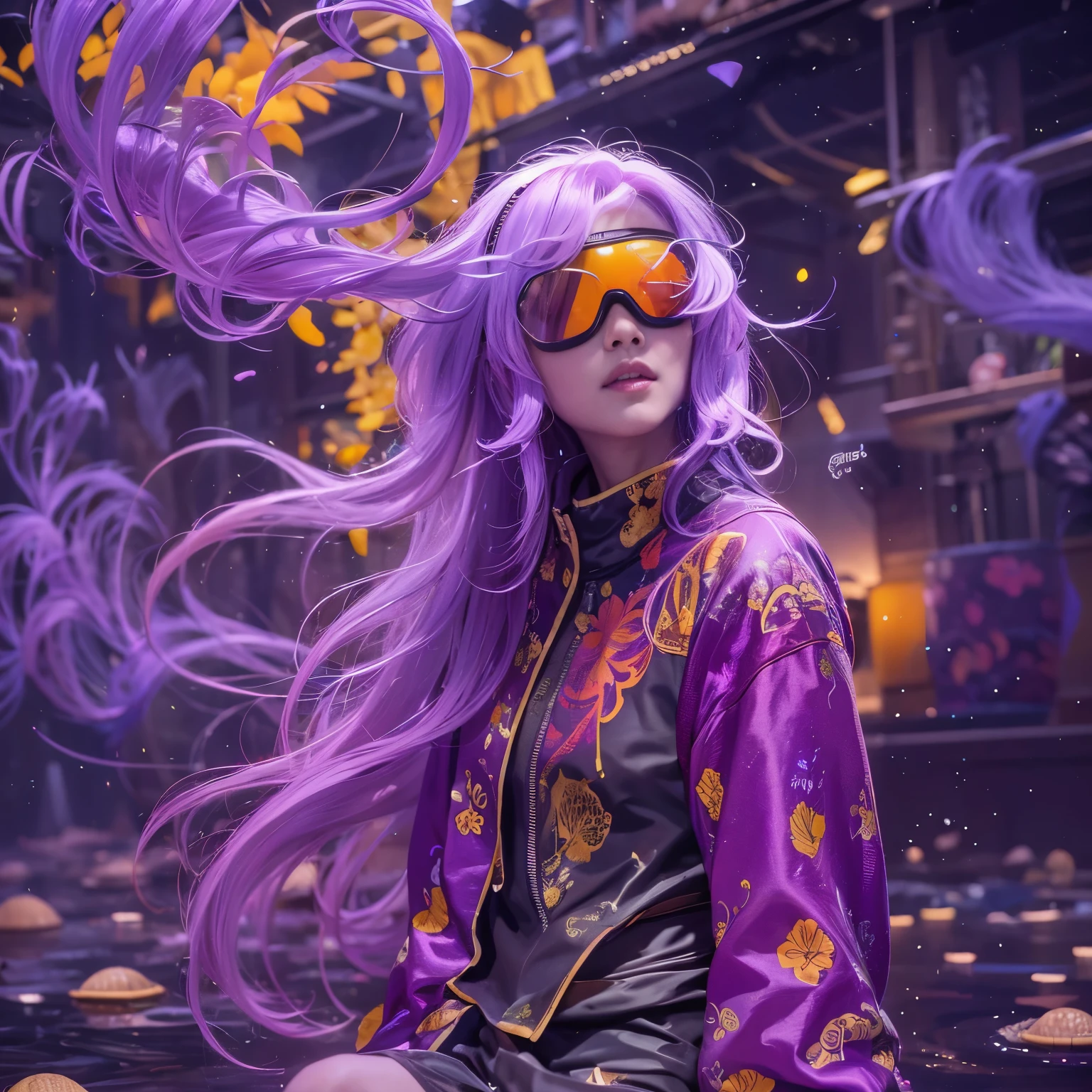 3860 Cyberpunk Year(masterpiece,HD,超HD,32k lotus root starch)Bright purple flowing hair,autumn pond, lotus root starch color, Asian (Michiko), (silk scarf), fighting stance, looking at the ground, Orange gradient long hair, ((厚框反光翡翠Windproof goggles))Floating bright purple, Fire cloud gold headdress, Chinese long-sleeved gold silk garment, (Abstract ink splash:1.2),mars background,Windproof goggles,lotus(realistically:1.4),bright purple hair,Smoke on the road,The background is very ivory white and pure, high resolution, 细节Windproof goggles, RAW photos lotus root starch, Sharp Re, Nikon D850 film photo by Jefferies Lee 4 Kodak Portra 400 camera F1.6 guns, rich and colorful, Super real、Vivid textures, dramatic lighting, Unreal Engine Art Station Trend, Silicon Nest 800,Bright purple flowing hair,Windproof goggles