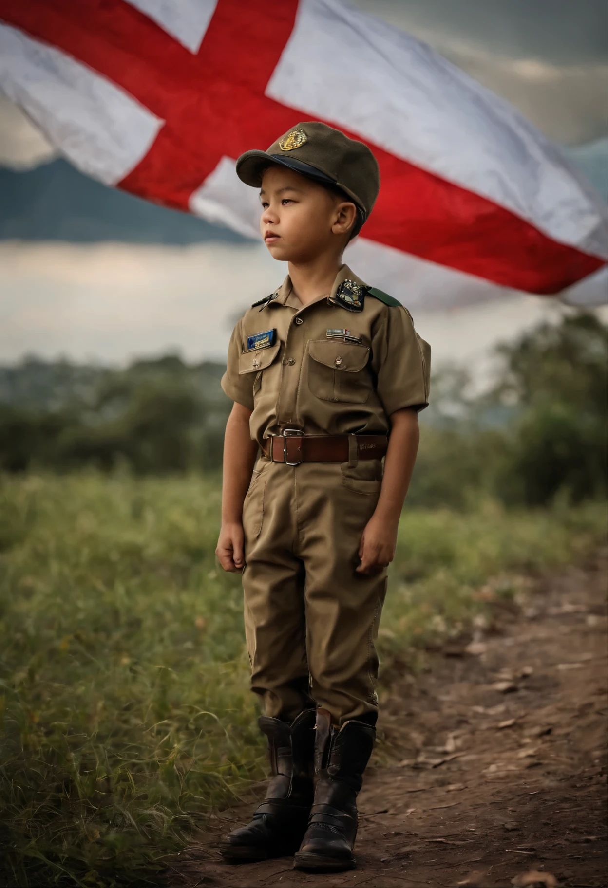 real human photo, film style poster photo, boy wearing full pilot uniform, 6 , short cropped hair, carrying pilot helmet, fighter plane background, there is an Indonesian flag embroidered on the left hand of his shirt, with very epic colors, The photo quality is very clear without HDR, has an Indonesian look