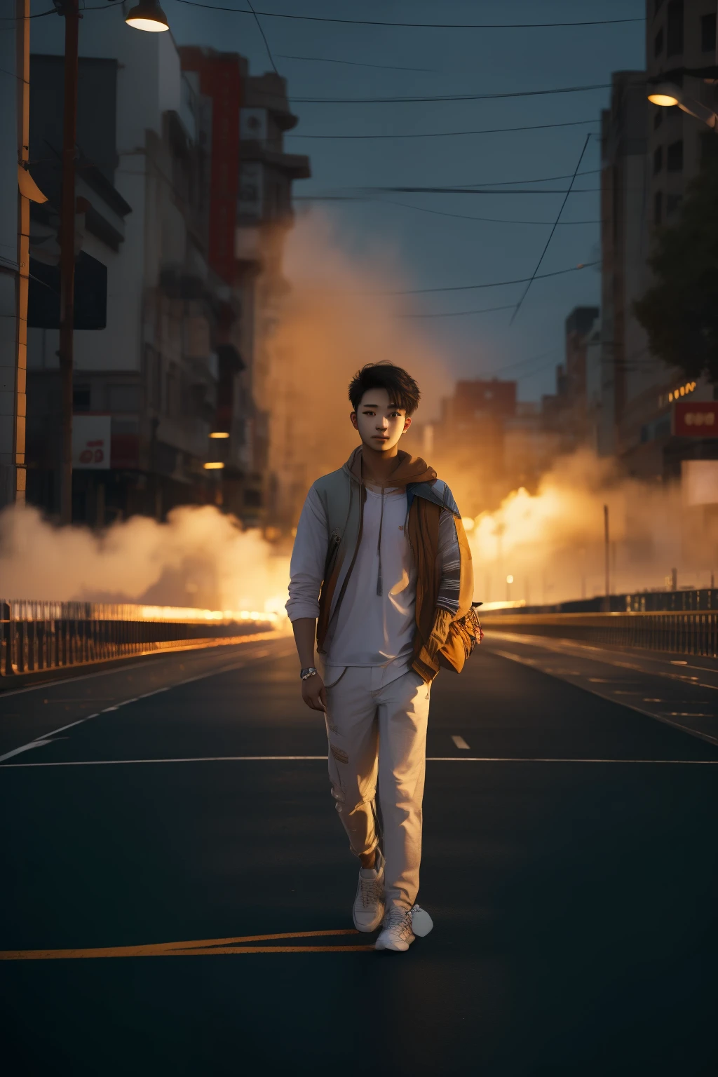 RAW photo, a portrait photo of 21 y.o man in casual clothes, night, city street, (high detailed skin:1.2), 8k uhd, dslr, soft lighting, high quality, film grain, Fujifilm XT3