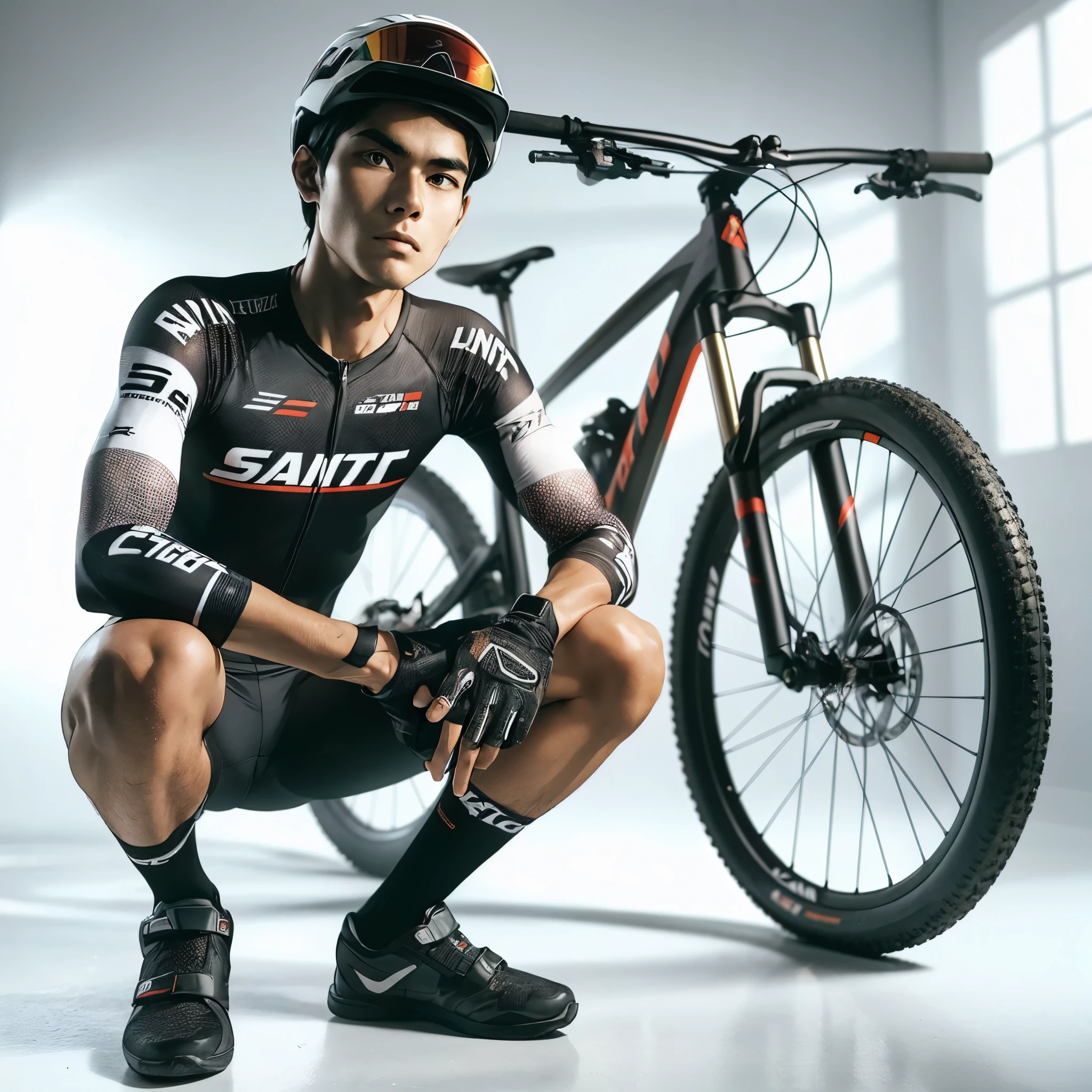 1 man (Indonesian face), 25 years old wearing bicycle racing clothes, wearing a helmet, next to an MTB bicycle (Santa Cruz), squatting pose, bright atmosphere, holding a bicycle, bright lighting, white background