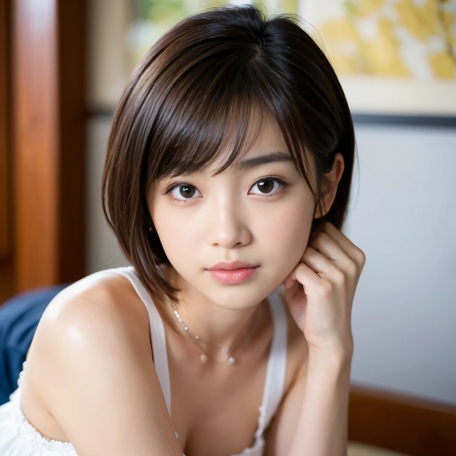 Top quality, 1 beautiful Japanese Actress, 15 years old,Bob Hair, brown hair, smile, beautiful face,large dark eyes,real skin,Write a picture,Paint oil,Whole body