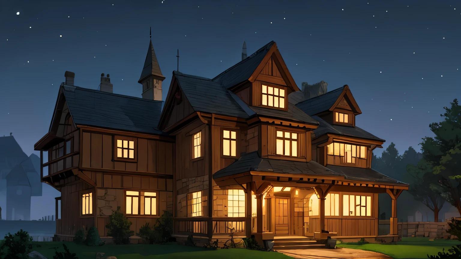 rich, fantasy mansion, medieval manor, night