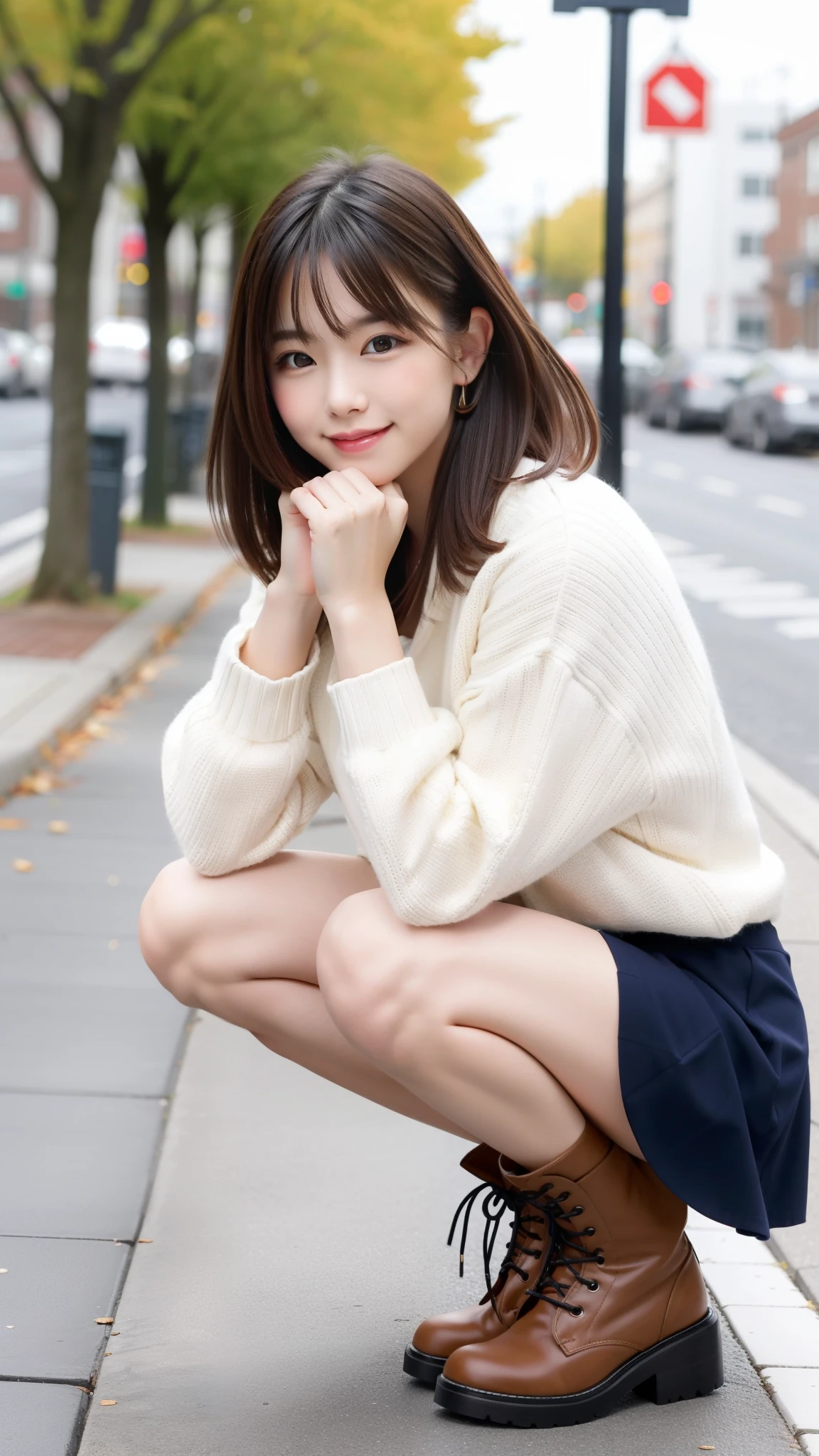 Photo taken by a professional photographer,laughter:1.5,Close-up of a woman squatting on the sidewalk, wearing a sweater, Short-cut brown hair, hair is disheveled,young and cute girl, Wearing a super super super super super super super mini skirt:1.5,Wear stylish boots,sit on a park bench:1.5,Fancy makeup with red eyeshadow,Beautiful thighs are visible,I can see white panties,