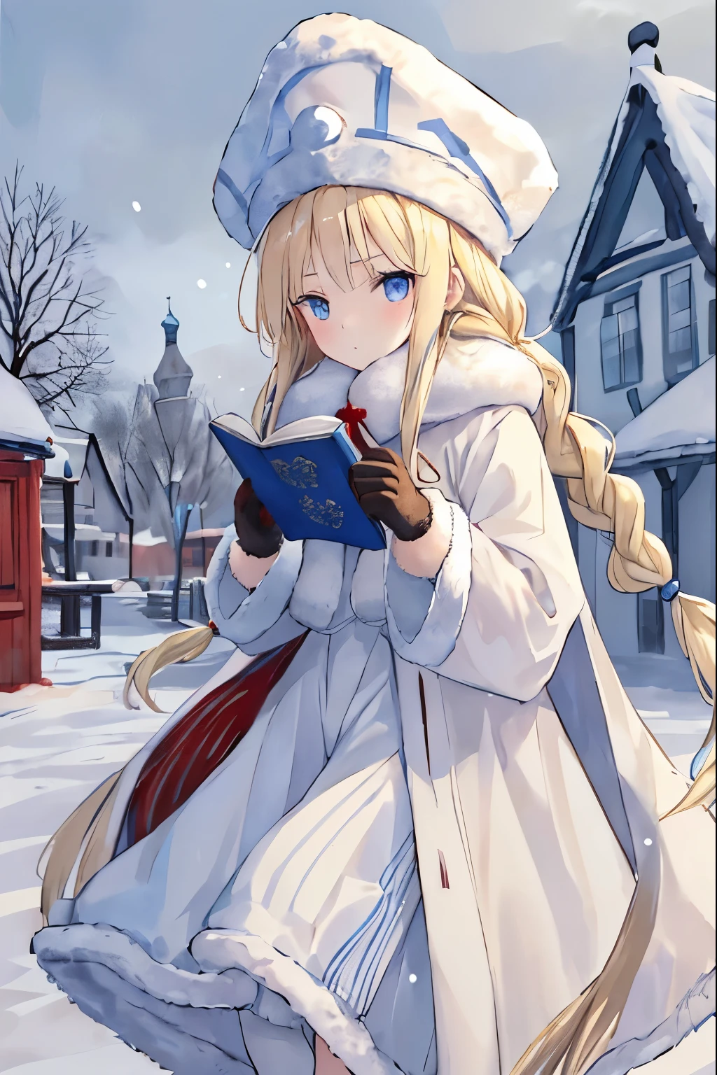 1Young blonde girl with long braids on books、The clothes are Shuba(russian fur cloak)、russian fur hat(No brim)、mittens(Gloves with only the thumb separated)、The colors are based on white and light blue.、long coat trimmed with fur、snow、winter in russia、