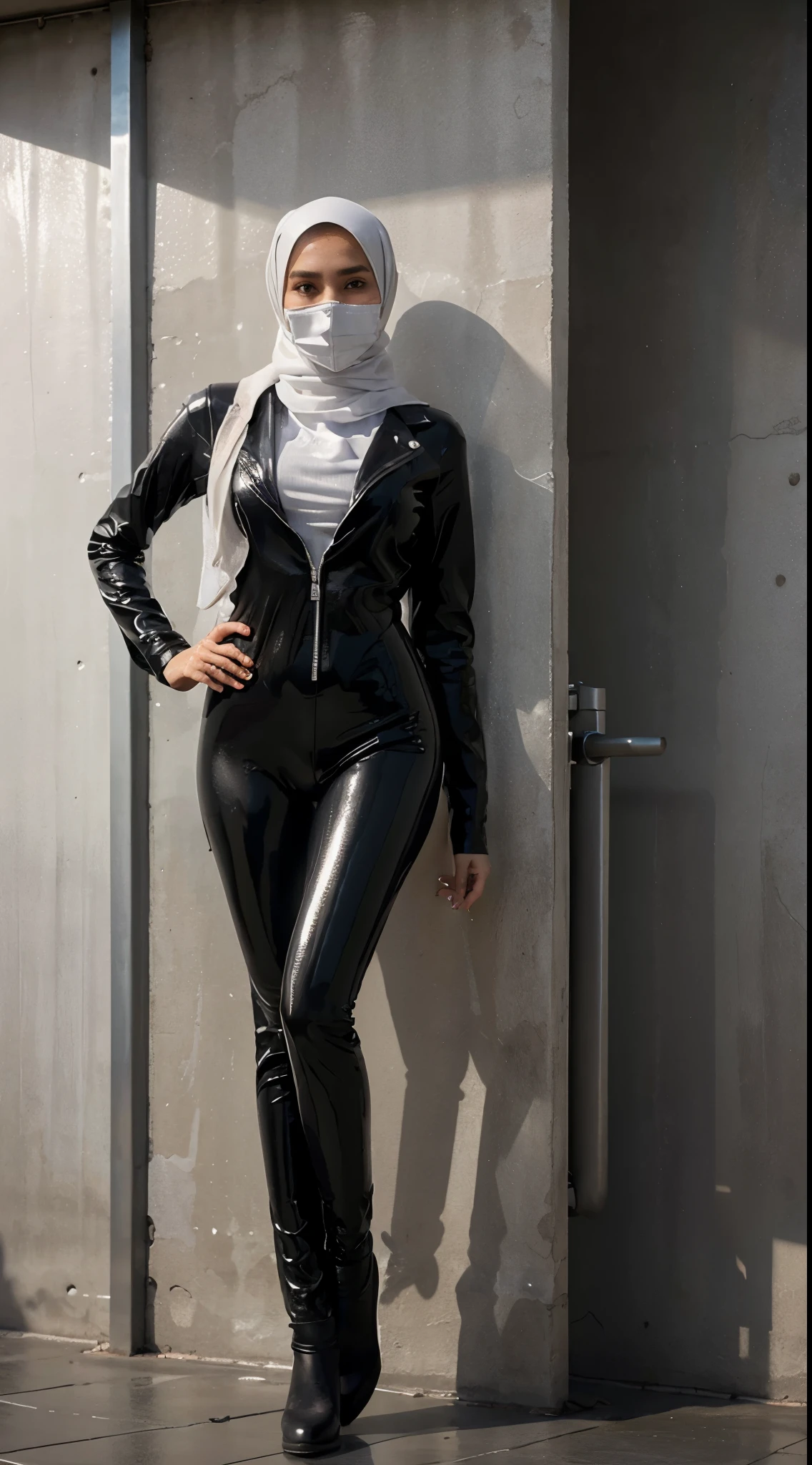 A girl wearing hijab and face mask. Innocent face. Long leg. Wearing full body silver latex suit and black leather jacket. High quality. High resolution. Wet body