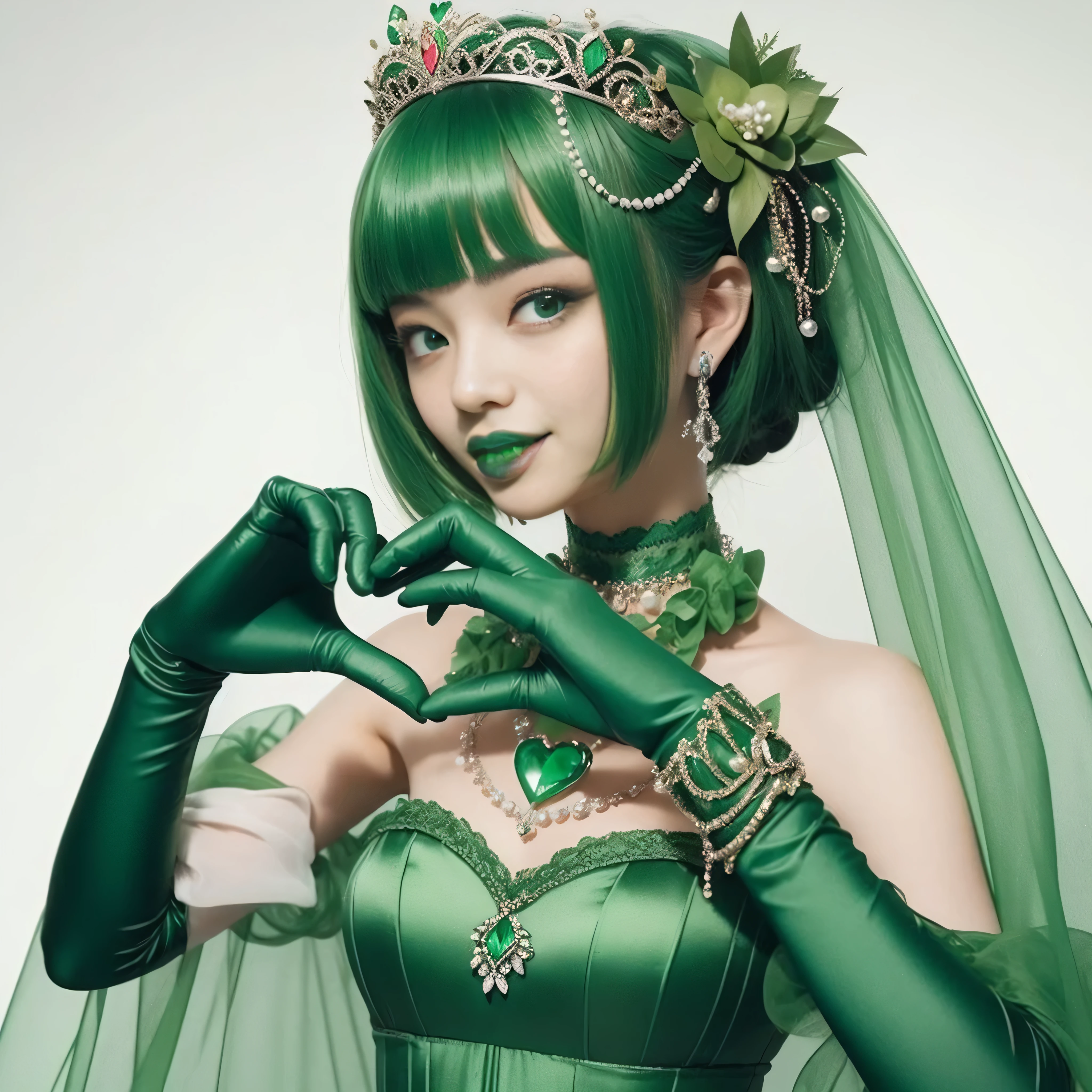 emerald tiara, green pearl necklace, ボーイッシュな非常に短いgreen hair, lipstick, smiling Japanese woman, very short hair, Beauty with large breasts, green eyes, Long Green Satin Gloves, green eyes, emerald earrings, green veil, heart with both hands, green hair, beautiful japanese woman, heart shaped hand:1.3, green lip gloss
