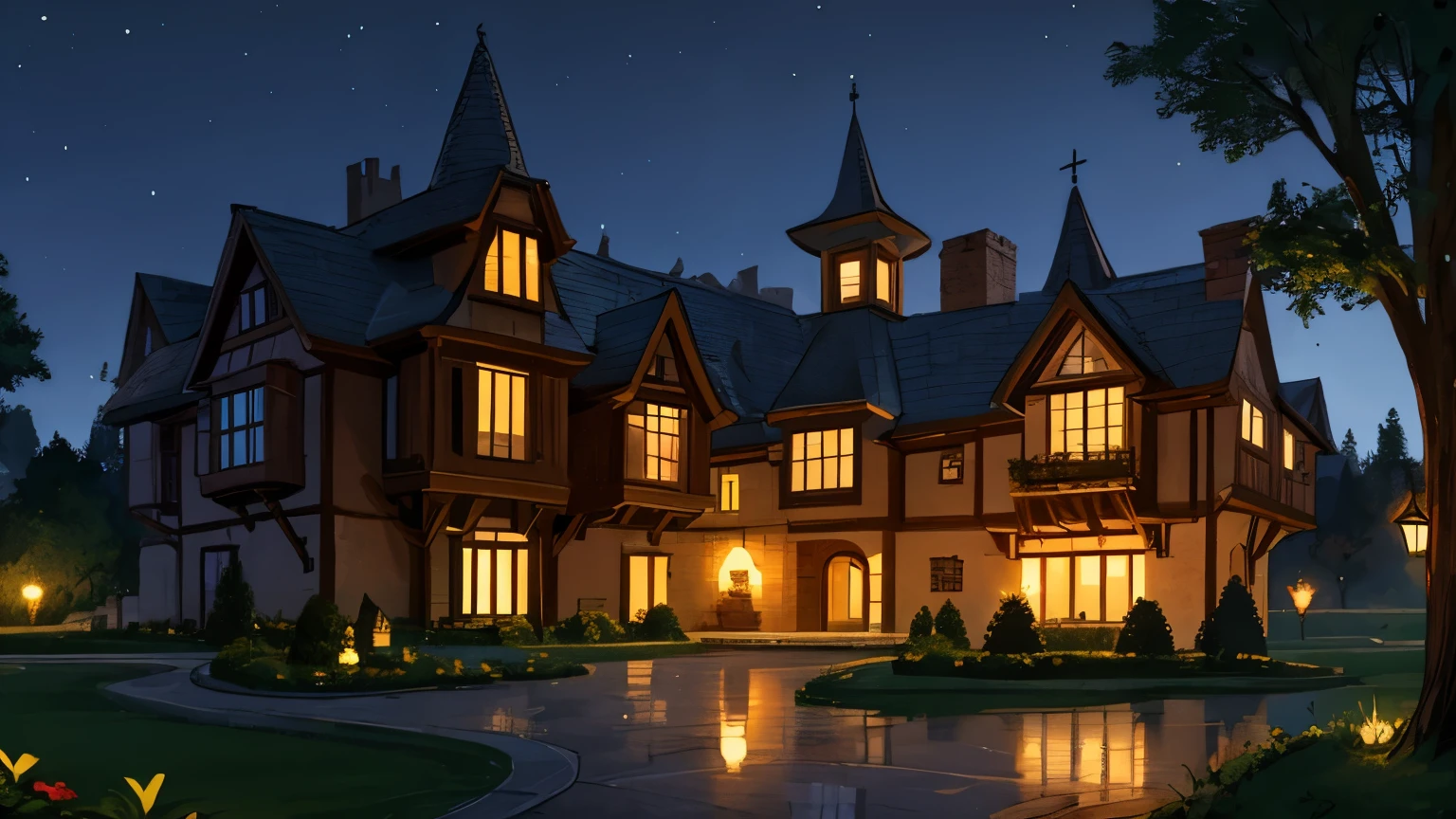 rich, fantasy mansion, medieval manor, night, трех этажный fantasy mansion