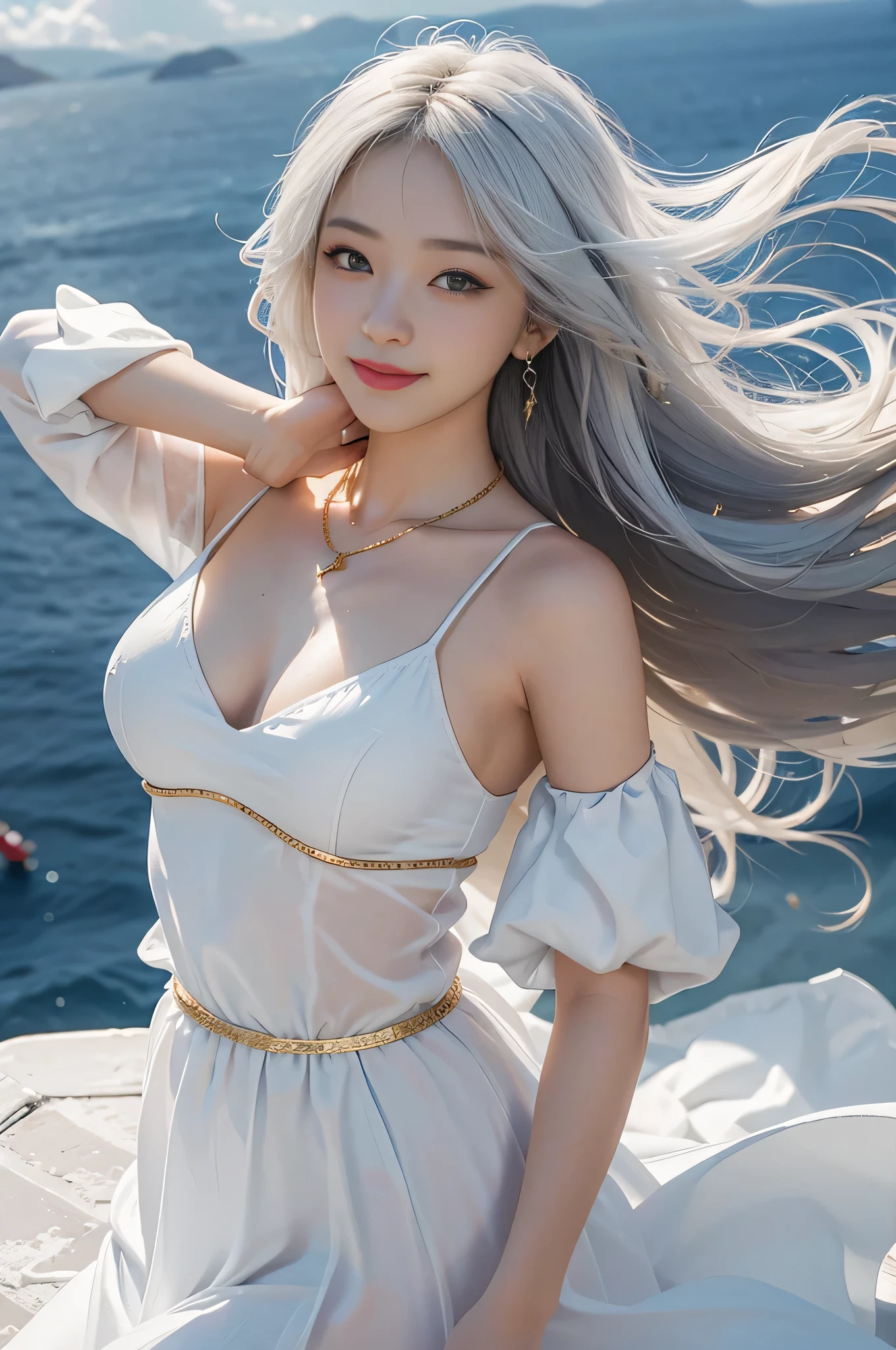 highest quality, ultra high resolution, masterpiece, realistic: 1.8, pores, Accuracy, blue sky, White cloud, Aegean, White House in Santorini, rooftop, pure white、silk dresses、shoulder off、gold chain necklace、coin pendant、overflowing breasts, Symbolism as a woman, get used to it, 23 years old, japanese woman,cute, Overflowing smiles,open your mouth、white teeth、medium hair、Holding hair fluttering in the wind with your hands.、