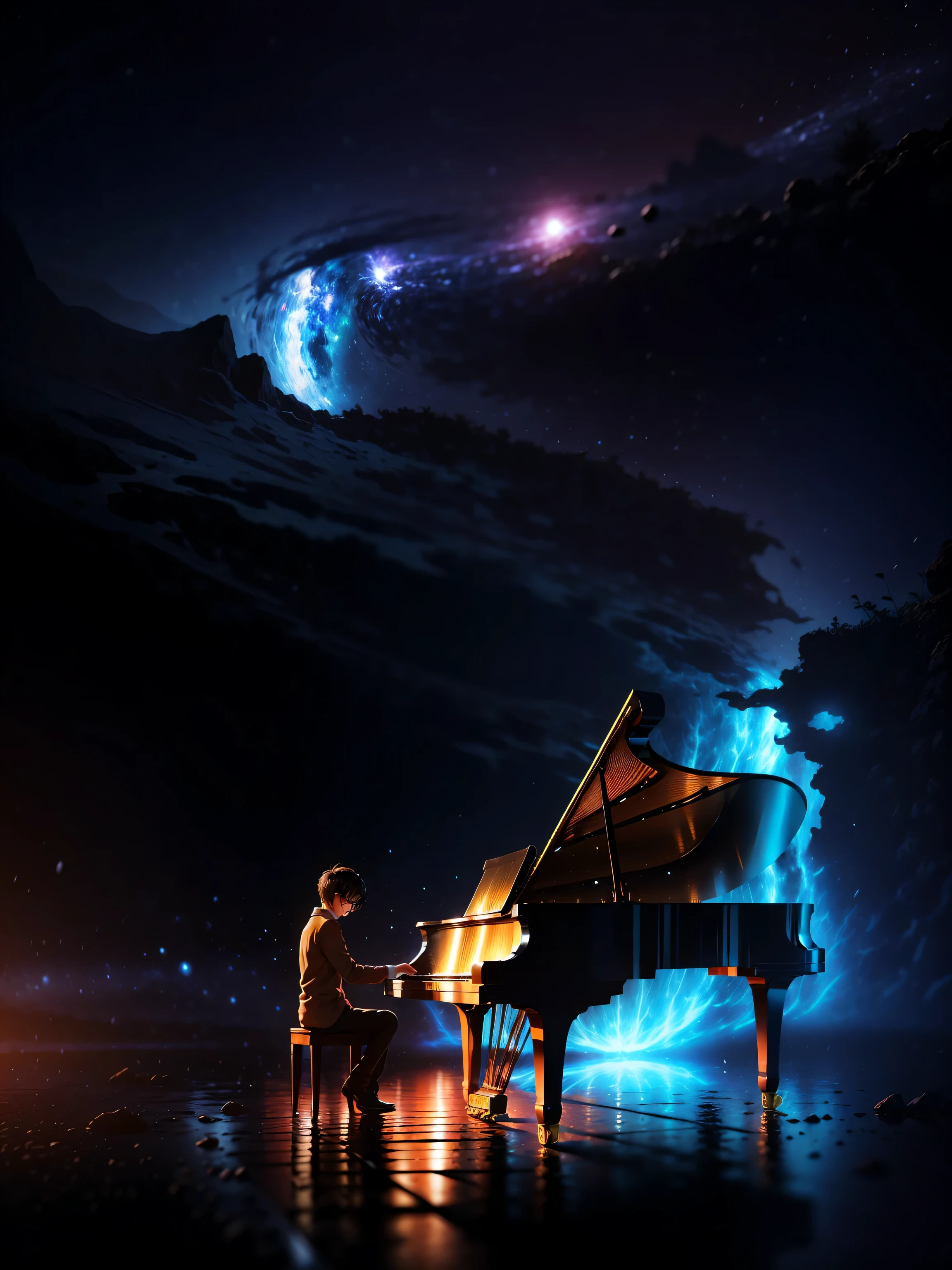 obra maestra, Mejor calidad, wallpaper of a boy playing the piano in the garden, paisaje de estrellas y magia. ((1 chico, anteojos, pelo negro, ojos negros, )). ((perfect piano de cola)) (((piano de cola))) ((long piano de cola))
