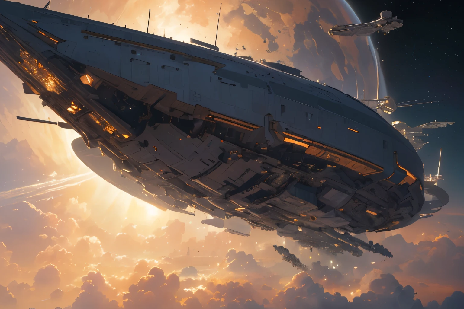 (Top-quality, 8K, Masterpiece:1.3),colossal satellites,sleek spaceships,orbiting Earth,digital painting,futuristic,highly detailed,vibrant,futuristic lighting