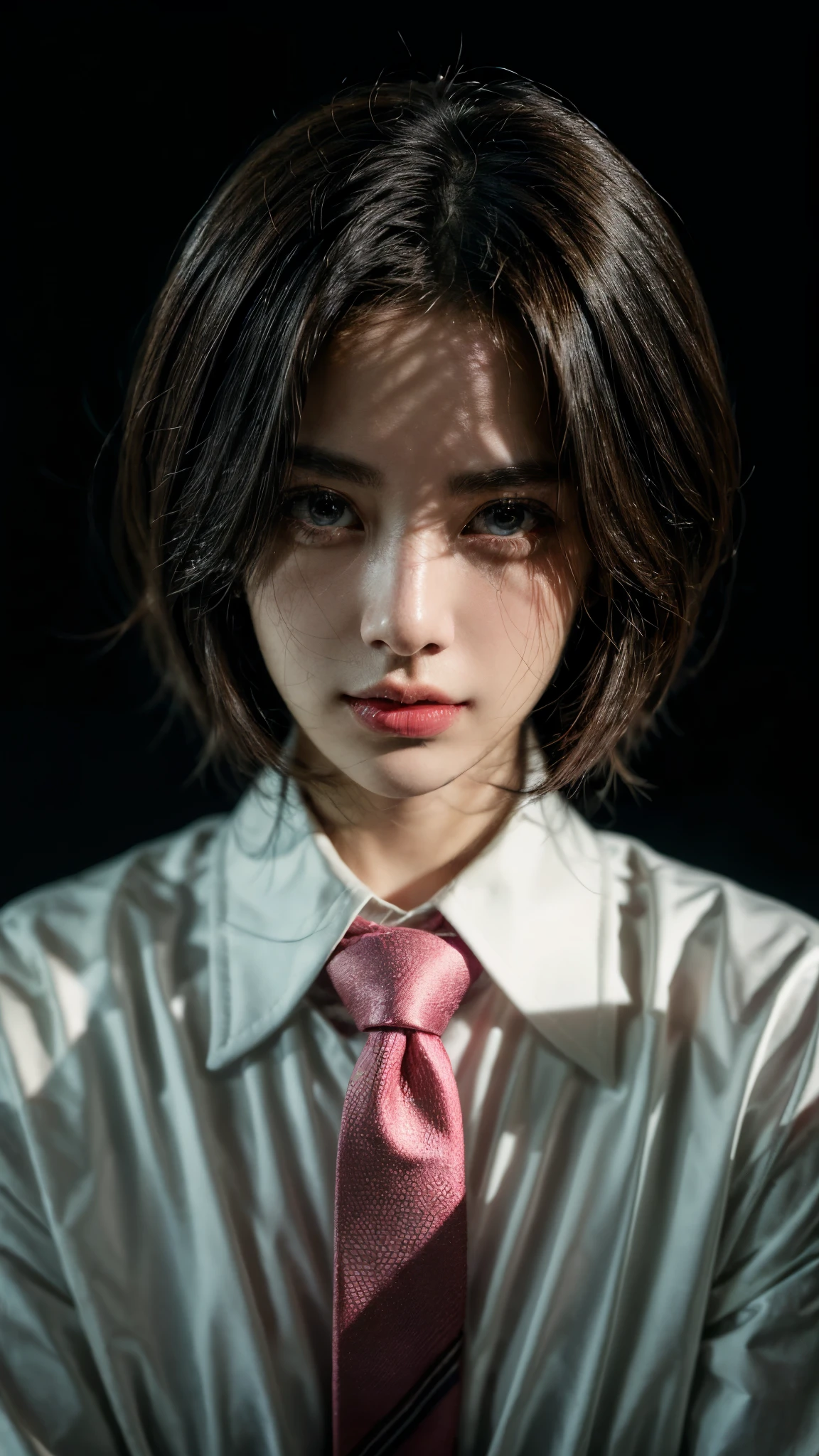 (((A portrait of woman with white collared shirt with necktie))), medium short hair, standing at night, mafia vibes, ((menacing expression, smirk)), ((closeup)), korean face, ultra realistic, ultra fine, studio photoshoot, black plain background.