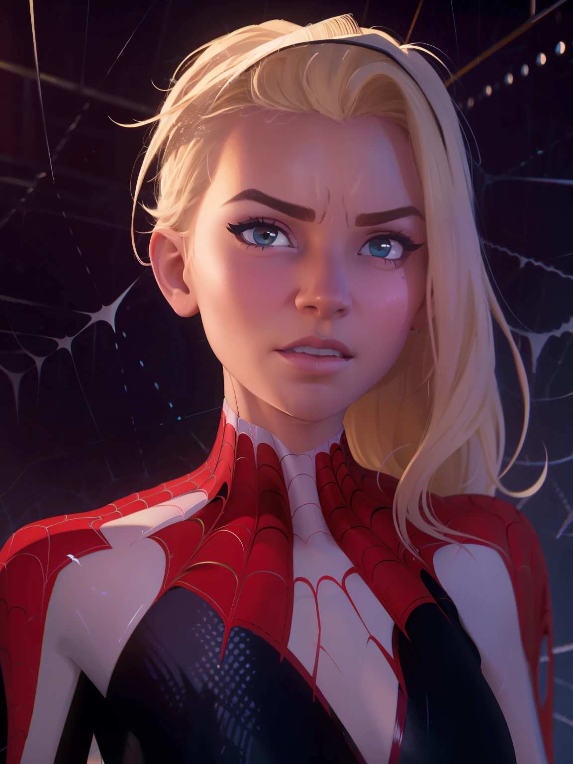 Close-up face. Cinematic poster. (((COMIC STYLE, CARTOON ART))).  A comic book-style image of ((Gwen Stacy)), Gwen Stacy, with her as the central figure. She is on the move. She wears a white outfit. She has a determined and vigilant expression, as if she is ready to fight crime. ((( comic spider-web background))). Detailed, detailed face, intricate, glowing.