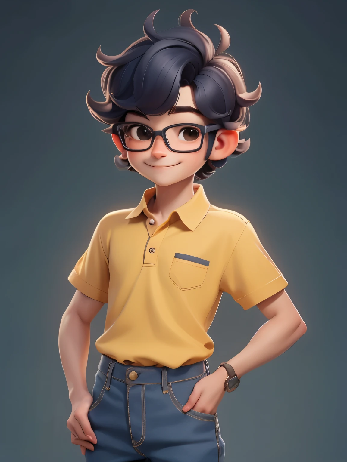 masterpiece, best quality, a (((boy))) smiling stand up, slacks, blue polo shirt, young, a youthful boy, full body,Wear thin-framed glasses.,very curly short hair ,under cut hair style
