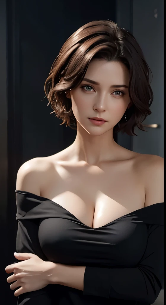 Skin Tight Black Top:1.2、look at viewer、cinematic lighting、perfect、soft light、High resolution skin:1.2、realistic skin texture、30 year old mature woman、small face、no makeup、off shoulder、Bust B Cup、 exposed cleavage、red eyes、short hair、dark brown hair、full nude、gray background、