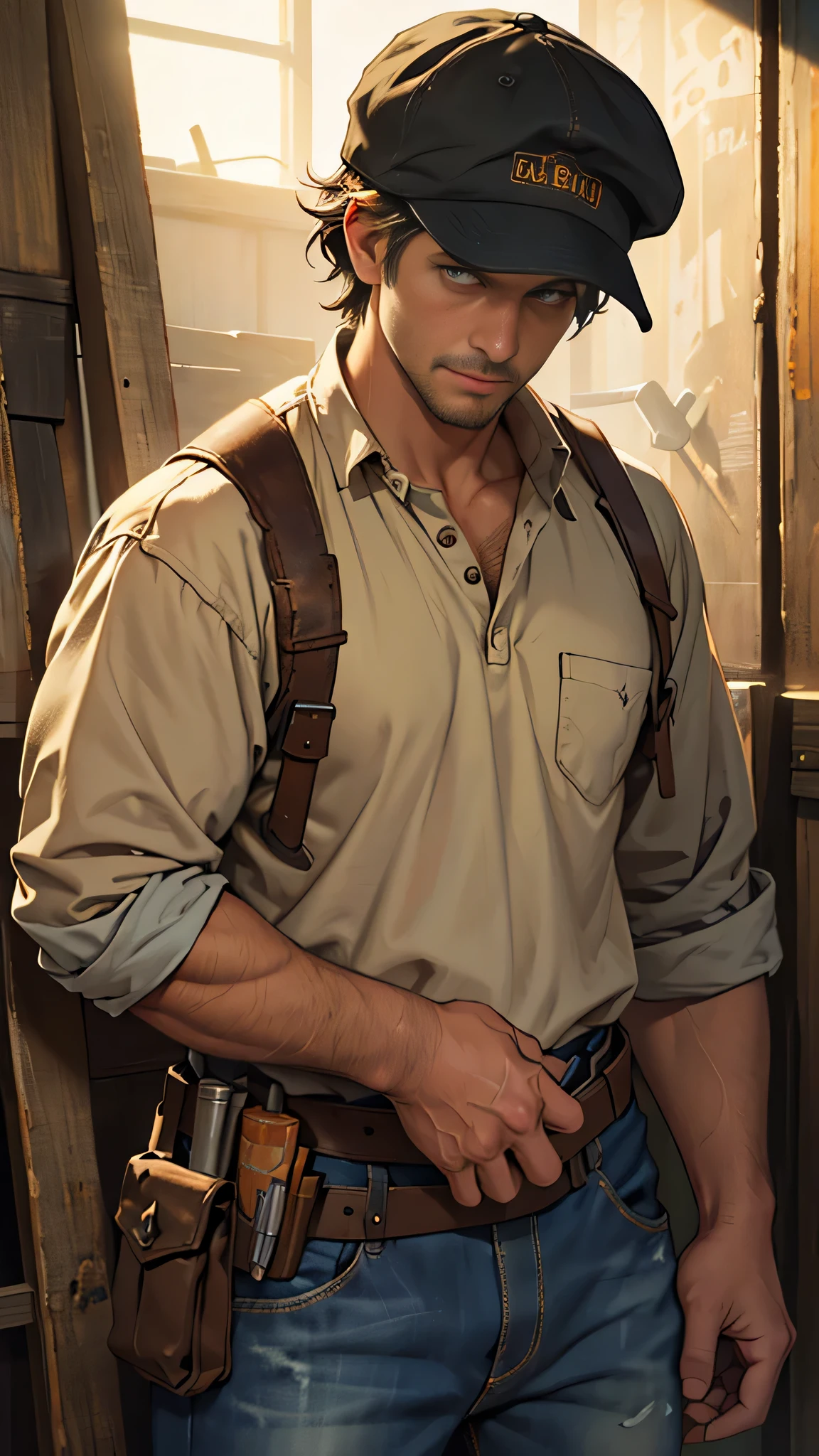 (alta qualidade,realista:1.2) um homem vestindo uma camisa de trabalho surrada e jeans, cabelo castanho curto sempre coberto por uma touca, olhos escuros, carregando um cinto de ferramentas, (rosto e olhos detalhados), (natural lighting), (oilpainting style), (paleta de cores tom terra), (rustic and courageous environment)