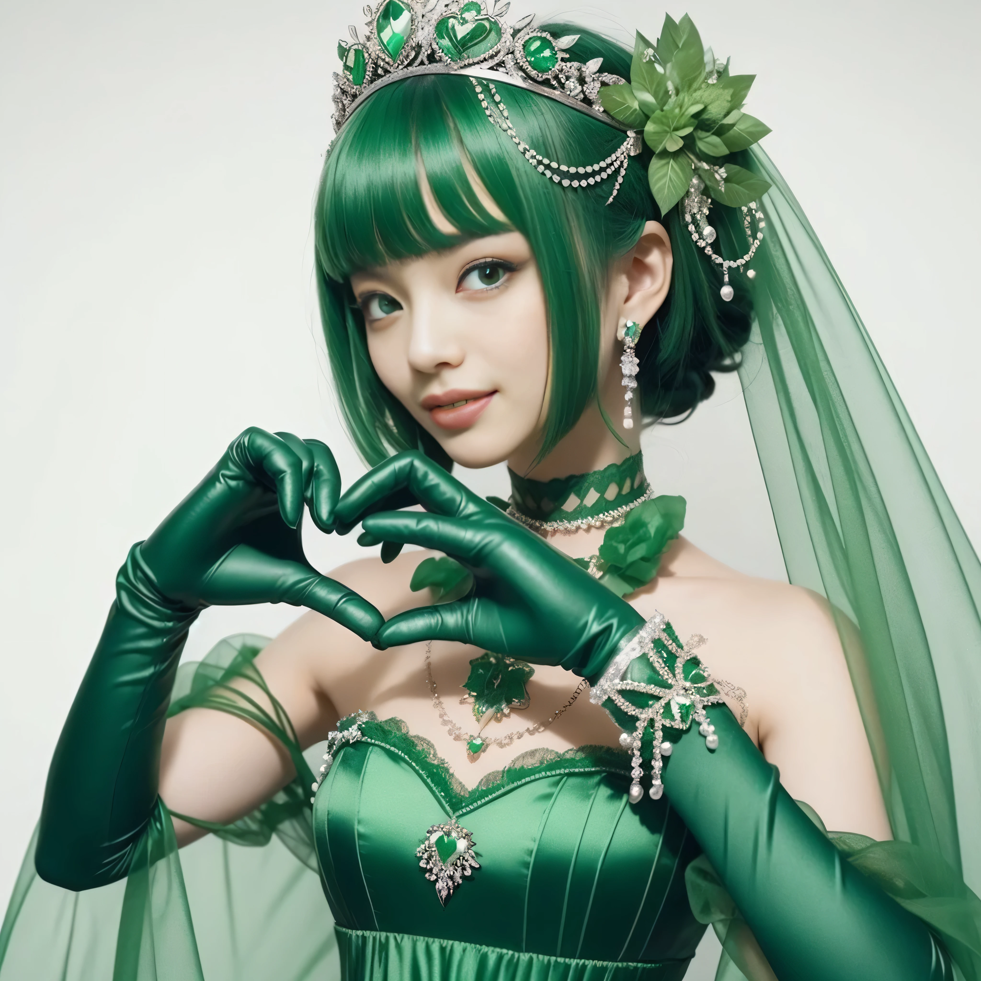 emerald tiara, green pearl necklace, ボーイッシュな非常に短いgreen hair, lipstick, smiling Japanese woman, very short hair,  Beauty with large breasts, green eyes, Long Green Satin Gloves, green eyes, emerald earrings, green veil, heart with both hands, green hair, beautiful japanese woman, heart shaped hand:1.3, green lip gloss