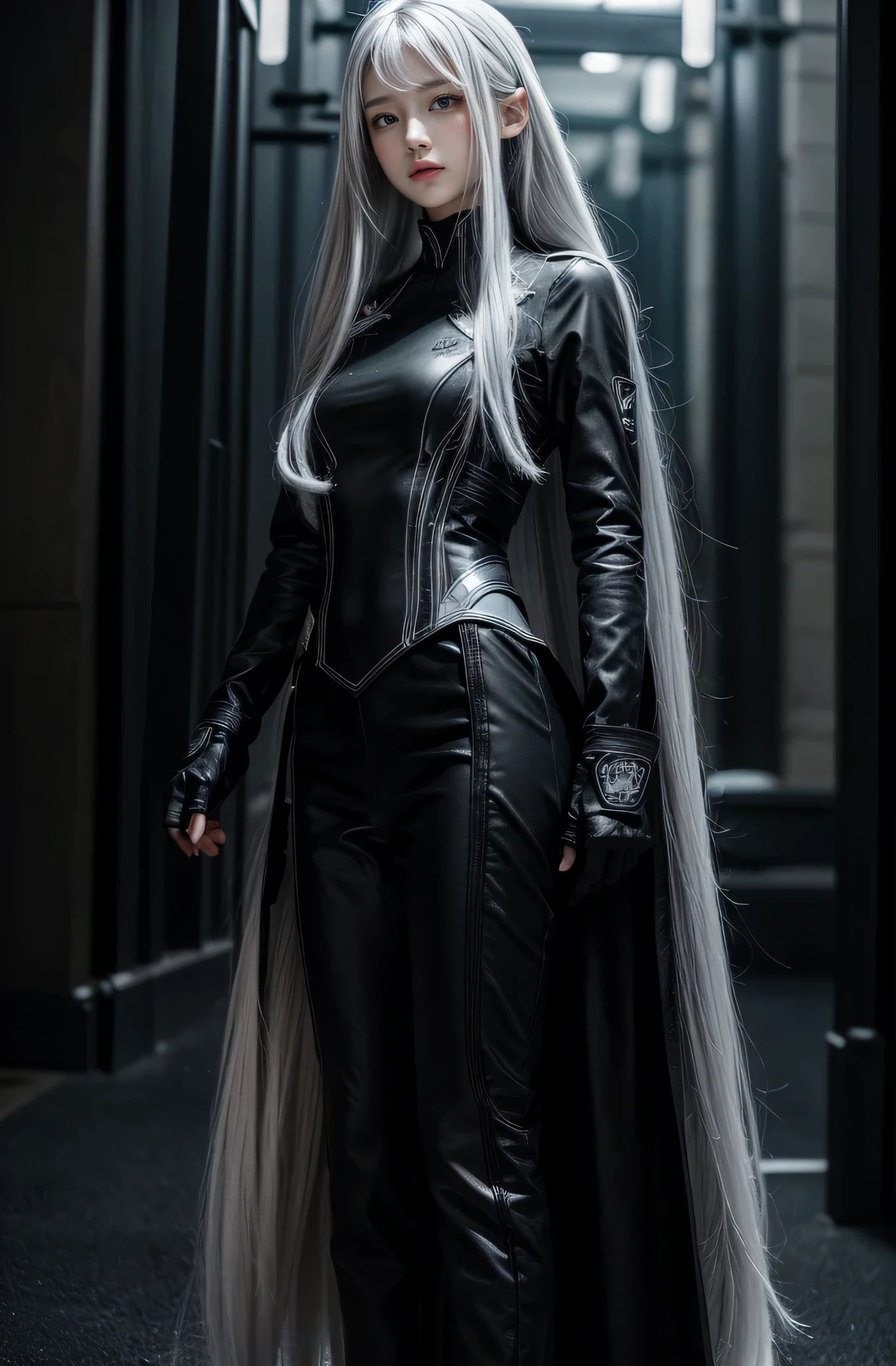 shiny hair,4 fingers,{{{{{White eyes}}}}},{{{{{White eyes}}}}},long hair,{straight hair},gloves,black clothes,black military suit,{military},{{{dull bangs}}},Hard hair,(slanted eyes},{{whole body},{{{1 girl}}}, {{{{silver hair}}}},{{{Tsurime}}},36 years old,white people,Silvery eyes,thin,{{{masterpiece}}}, {{{highest quality}}}, {{Super detailed}}, {shape}, {{very delicate and beautiful}},very detailed,Detailed completeness,detailed hyper,military用または海militaryの制服