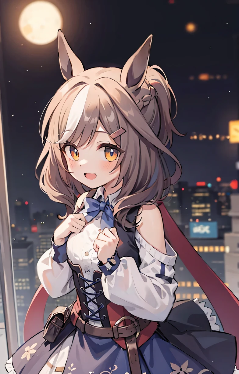 [[[masterpiece]]],[[[highest quality]]],[[[Super detailed]]],Highly detailed CG Unity 8K wallpaper,shape,lens 135mm,masterpiece, highest quality,portrait, 
Mattikan Tannhäuser (blue turbulence), 1 girl, animal ears, horse ears, horse tail,looking at the viewer, chest, hair ornaments, ponytail, aquagradient eyes, medium hair, skirt,light smile,