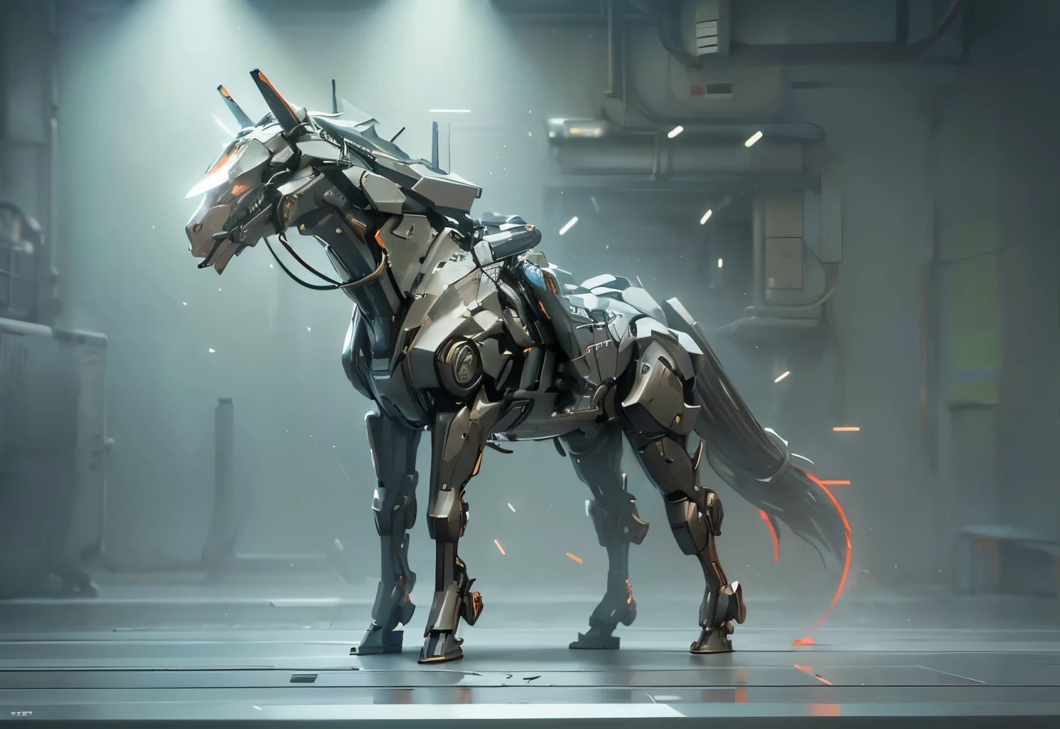 cyberpunk, Mechanical horse,glowing neon light, ( global illumination, Ray tracing, human development report, Unreal rendering,Reasonable design, high detail, masterpiece, best quality, ultra high definition, Beijing_Zagu_Mecha