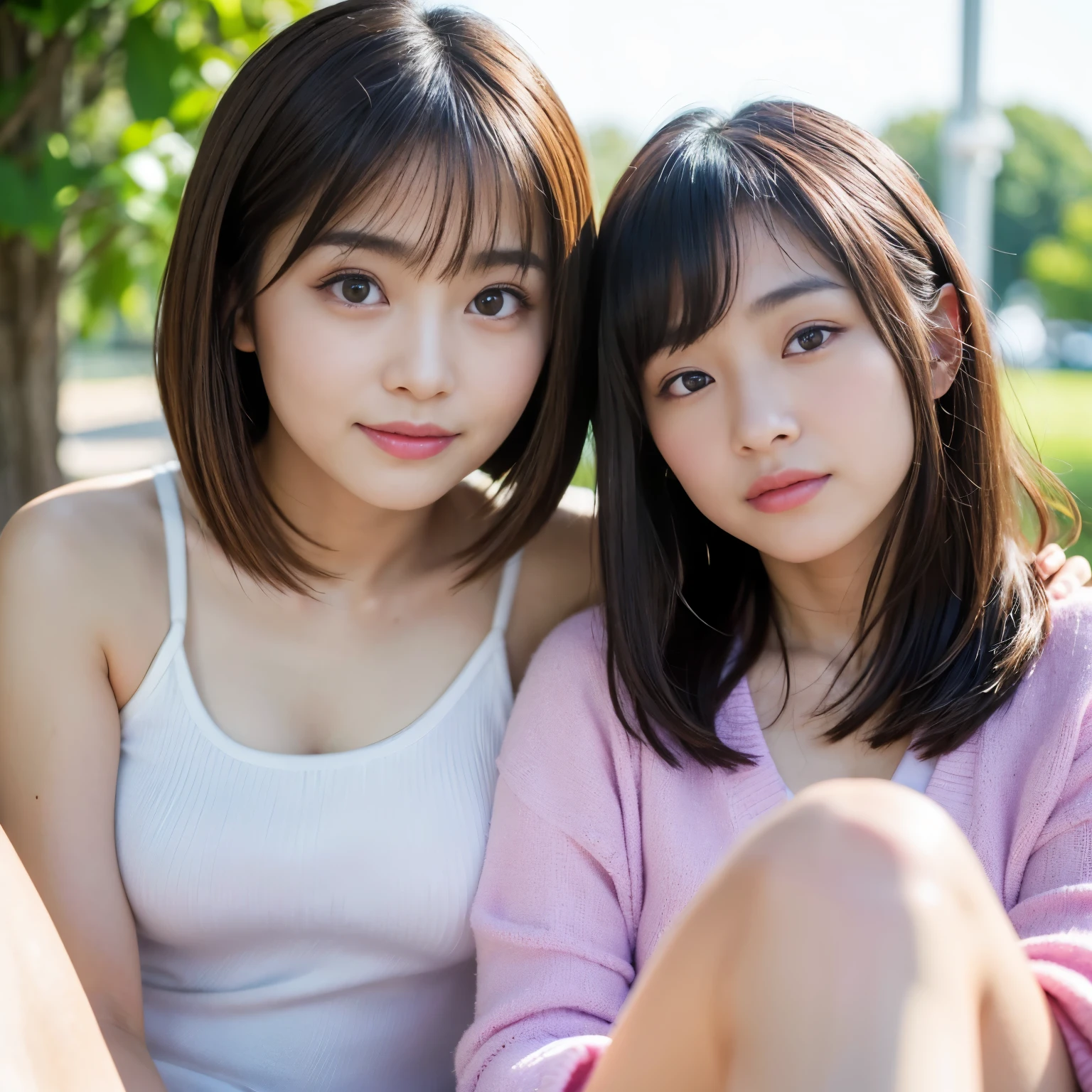 Best-quality, Masterpiece, Ultra-High-Resolution, (Photorealistic:1.4), Raw-Photo, (((lesbian-couple))), (1-girl is the most famous Japanese idol and 15-years-old, extremely cute face, extremely beautiful big-solid-circle-eyes, extremely beautiful short-cut-haired), (1-woman is the most famous Japanese actress and 30-years-old, extremely beautiful face, extremely beautiful big-eyes, extremely beautiful long-haired), both extremely beautiful skins, innocent-smile